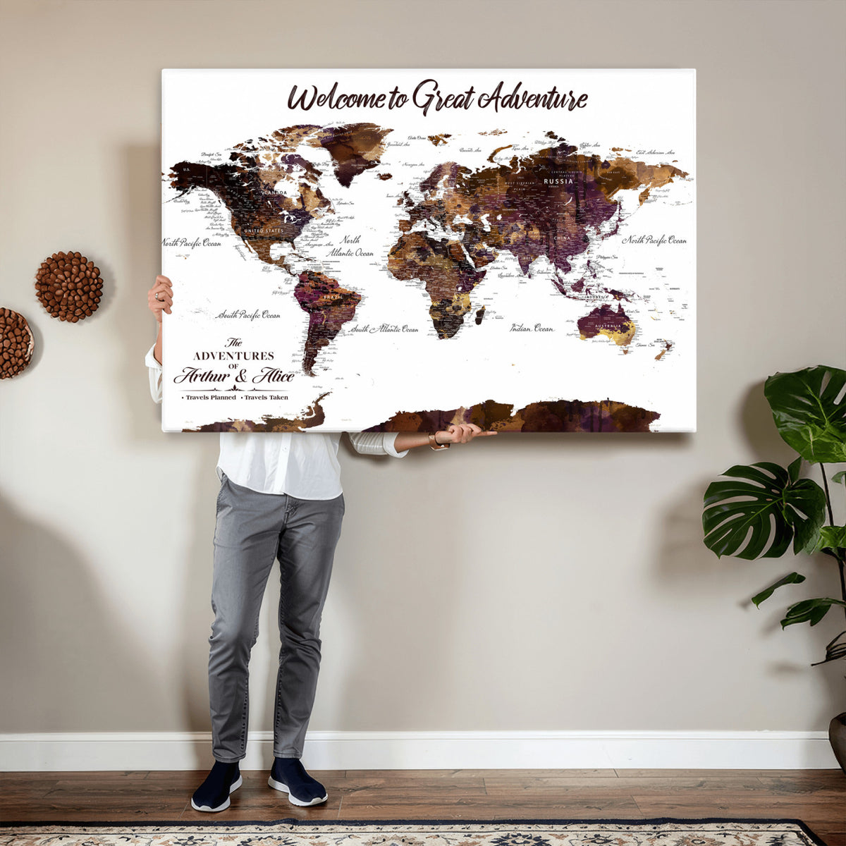 64110391125-MGV-CV-36X24 - Custom Push Pin World Map Wall Art Canvas Print | Personalized Travel Map