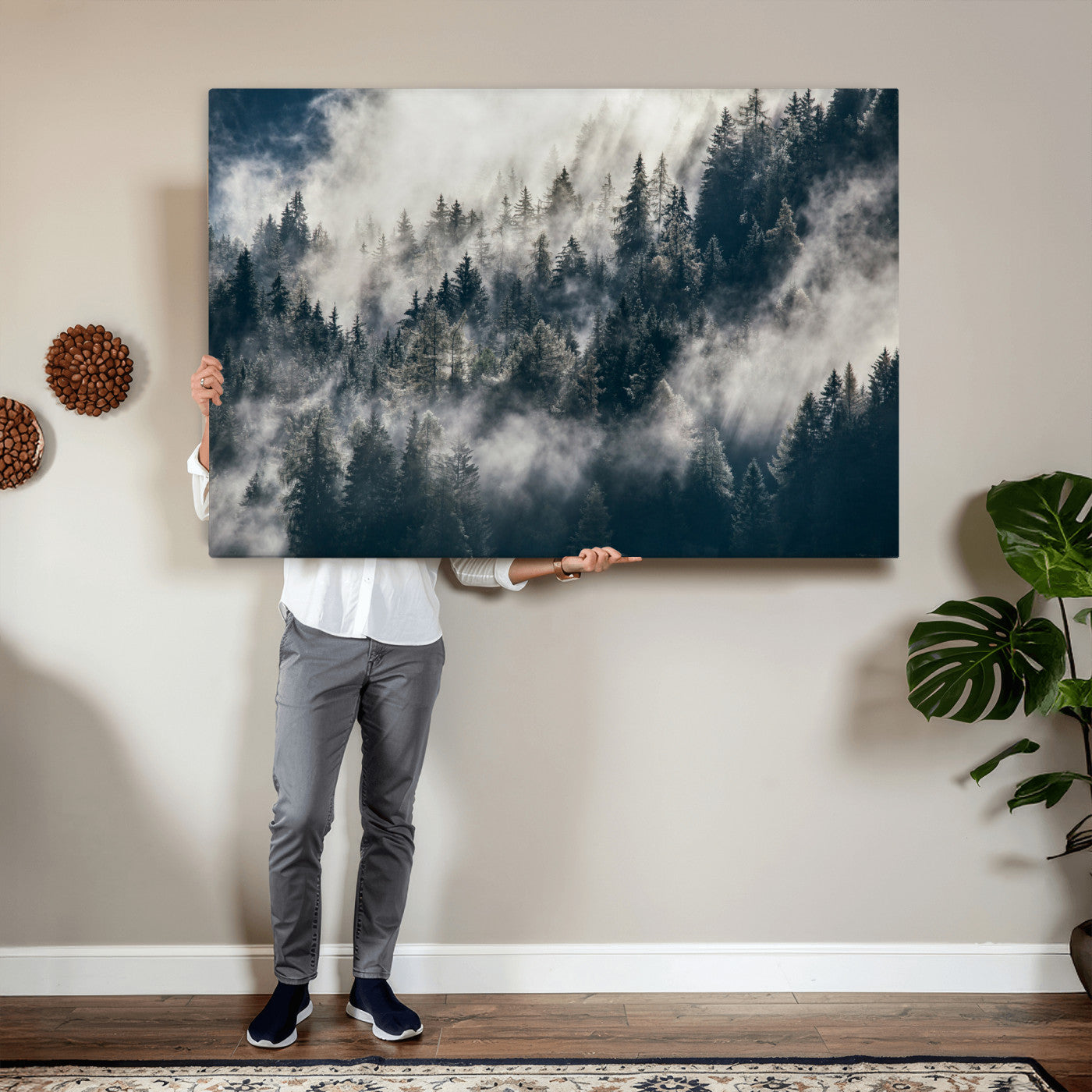 63405824-MGV-CV-36X24 - Foggy Mountain Forest Canvas Print, Misty Pine Trees Nature Wall Art, Framed Canvas Ready to Hang