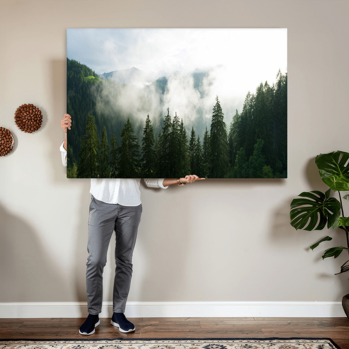 67174129-MGV-CV-36X24 - Misty Mountain Forest Canvas Print, Foggy Pine Trees Nature Wall Art, Framed Canvas Ready to Hang
