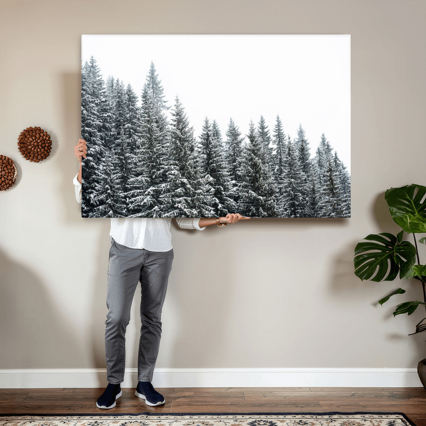 69566941-MGV-CV-36X24 - Misty Mountain Forest Canvas Print, Foggy Pine Trees Nature Wall Art, Framed Canvas Ready to Hang