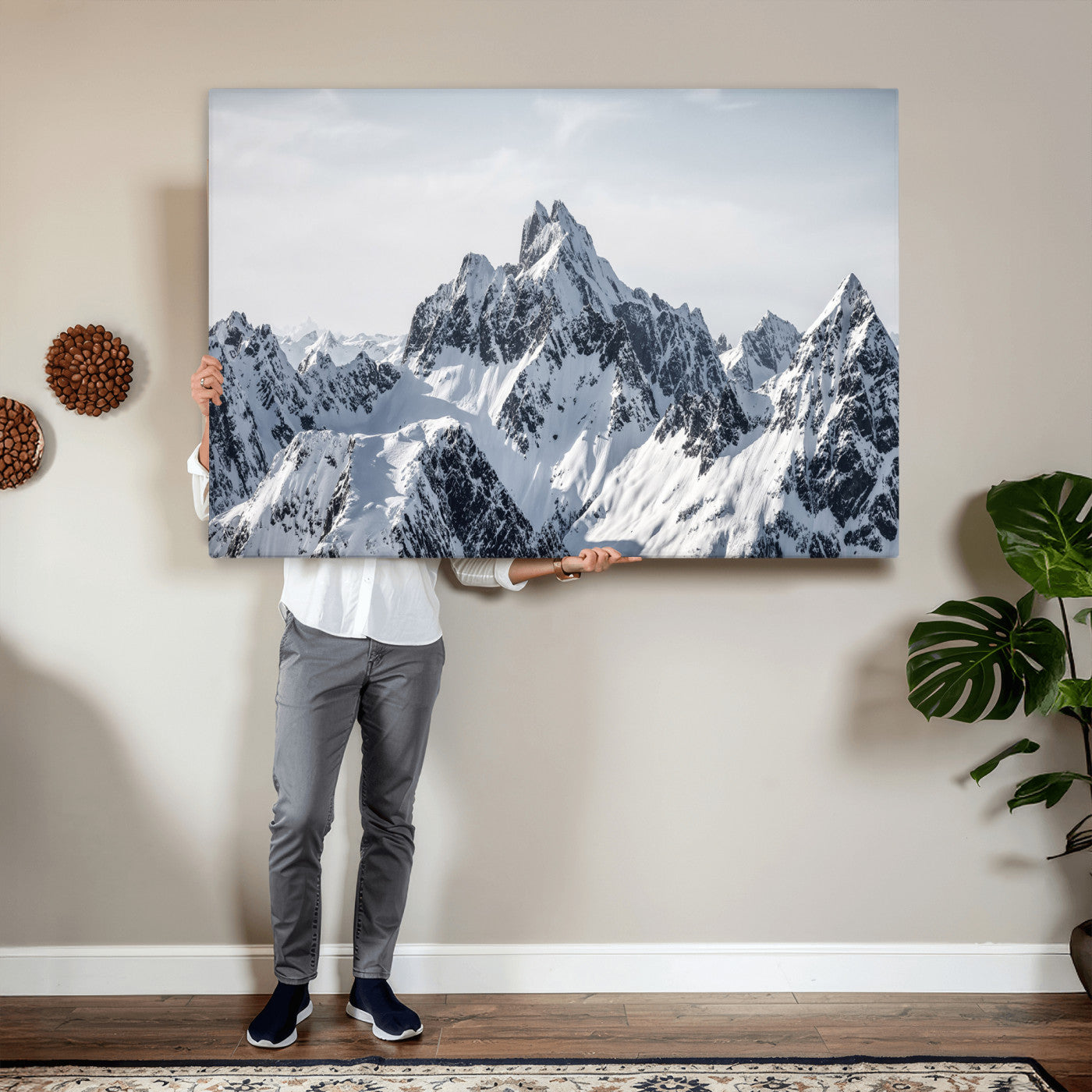 33126265-MGV-CV-36X24 - Snowy Mountain Range Canvas Print, Alpine Peaks Landscape Wall Art, Framed Canvas Ready to Hang