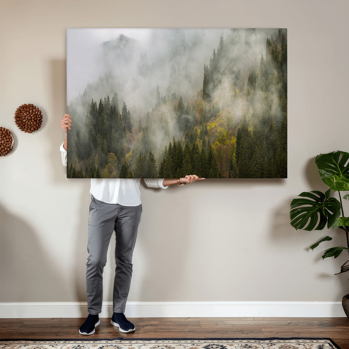 31152954-MGV-CV-36X24 - Misty Mountain Forest Canvas Print, Foggy Pine Trees Nature Wall Art, Framed Canvas Ready to Hang