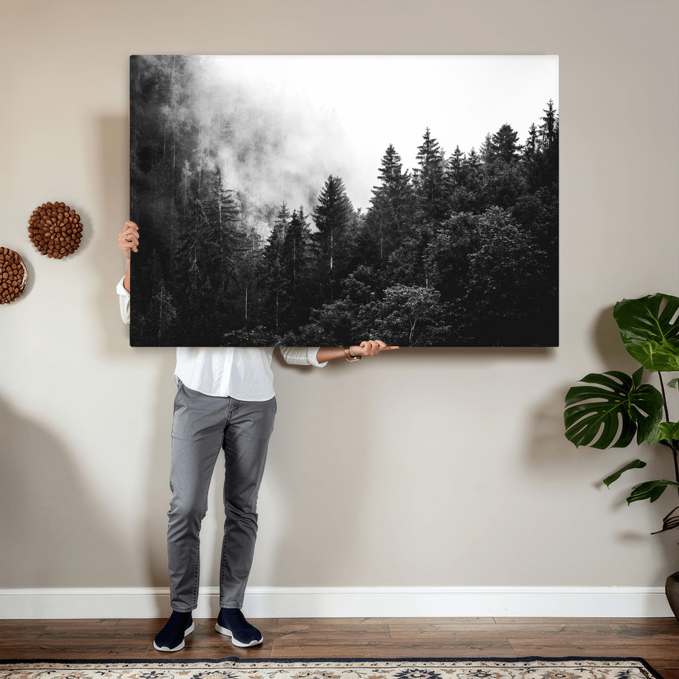 98764151-MGV-CV-36X24 - Black and White Forest Wall Art Canvas Print, Misty Pine Tree Landscape Photography, Framed Wall Art Ready to Hang