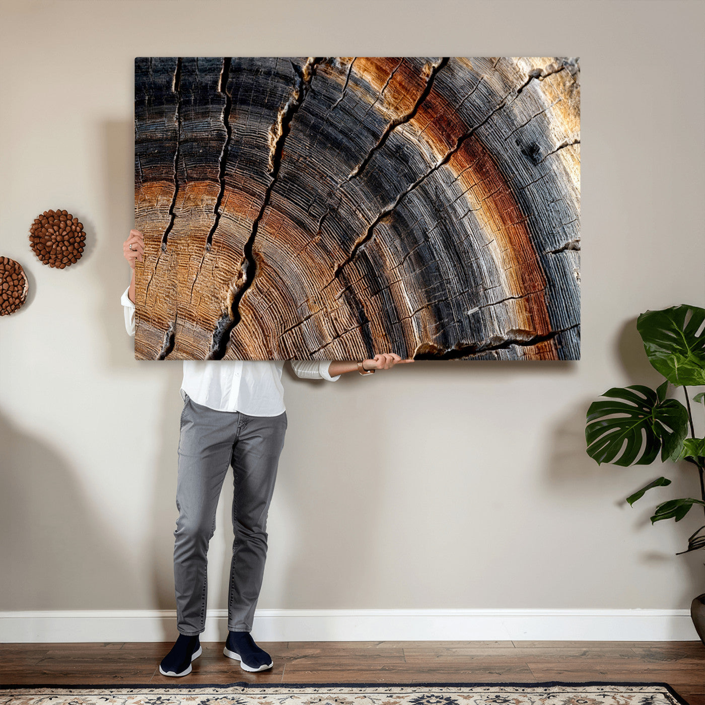 92693966E-MGV-CV-36X24 - Framed Large Abstract Wood Grain Canvas Print, Tree Ring Pattern Wall Art, Framed Canvas Ready to Hang