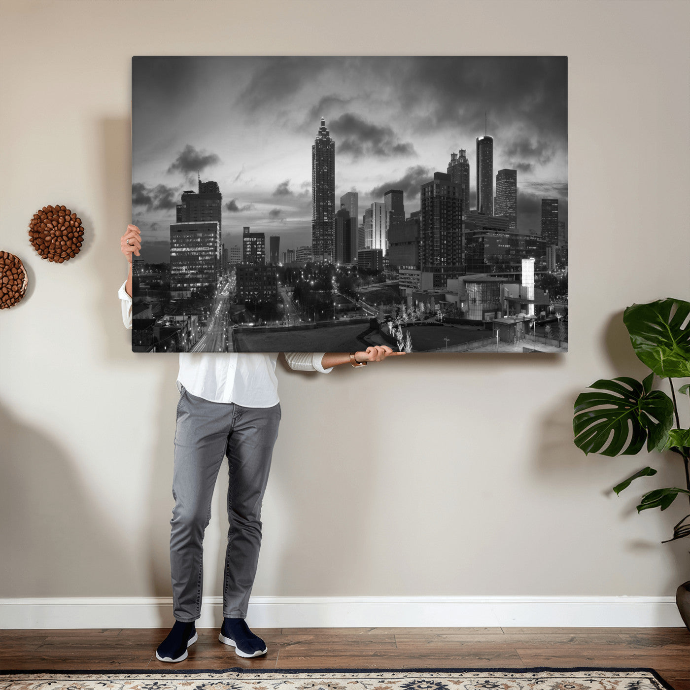 91959506-MGV-CV-36X24 - Atlanta Skyline Wall Art Canvas Print, Atlanta Downtown Night Cityscape Print for Modern Urban Wall Decor