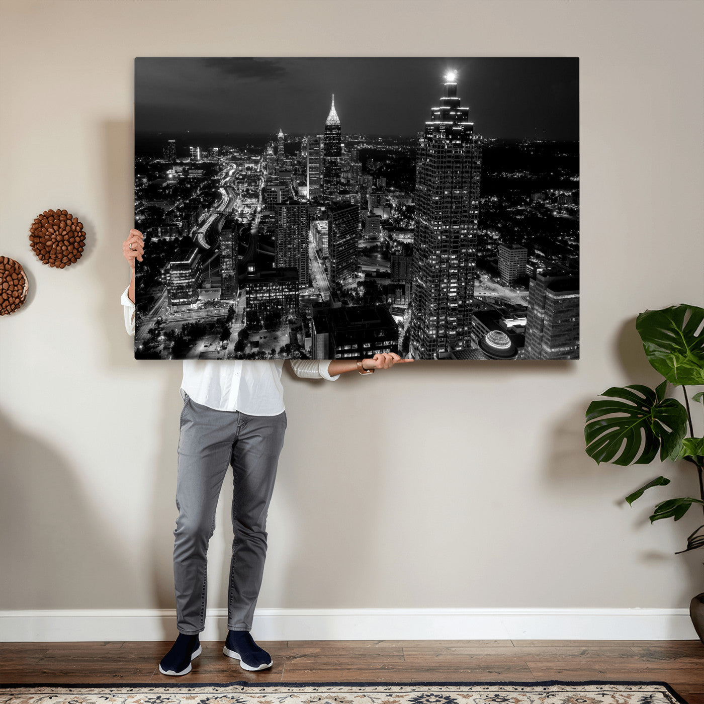 56773510-MGV-CV-36X24 - Atlanta Skyline Wall Art Canvas Print, Atlanta Downtown Night Cityscape Print for Modern Urban Wall Decor