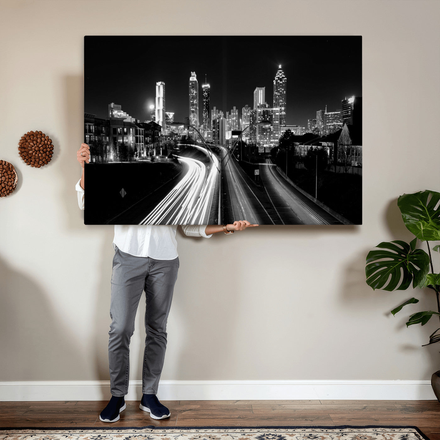 80330064-MGV-CV-36X24 - Atlanta Skyline Wall Art Canvas Print, Atlanta Downtown Night Cityscape Print for Modern Urban Wall Decor