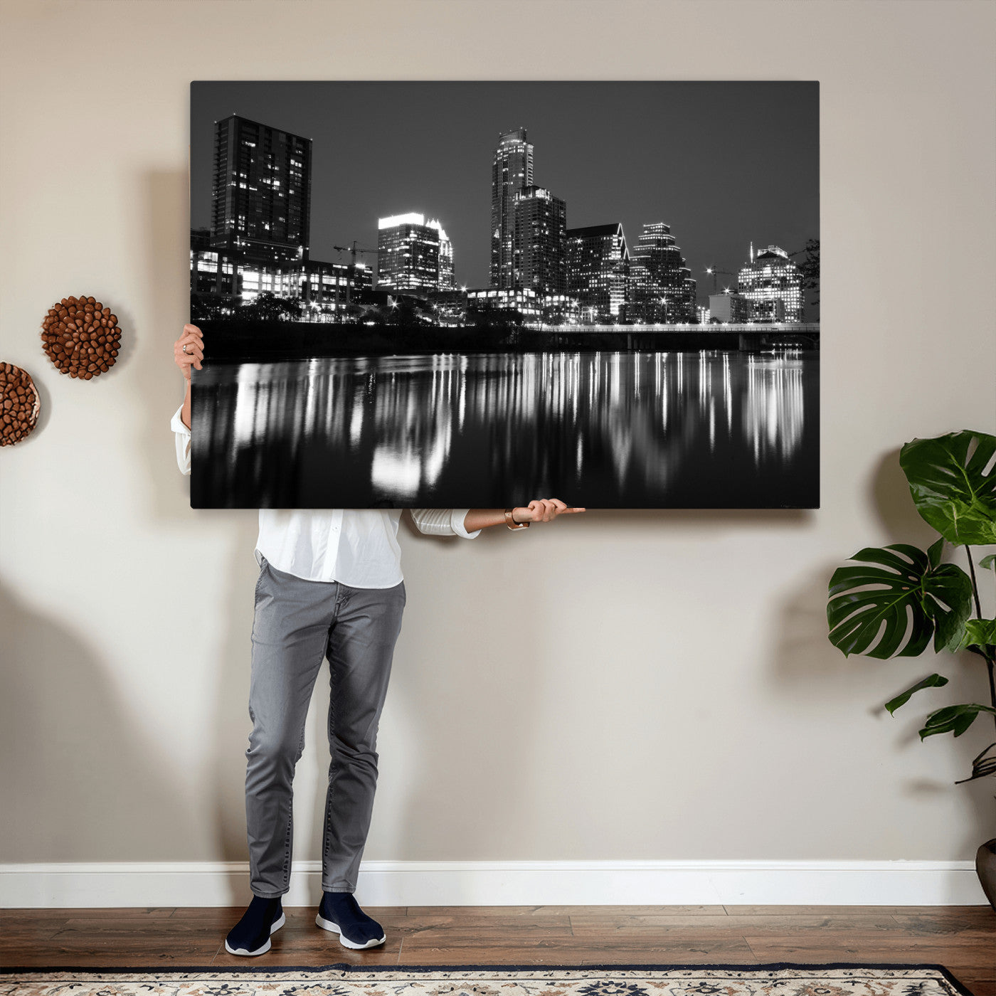 38129554-MGV-CV-36X24 - Austin Skyline Wall Art Canvas Print, Austin Downtown Night Cityscape Print for Modern Urban Wall Decor
