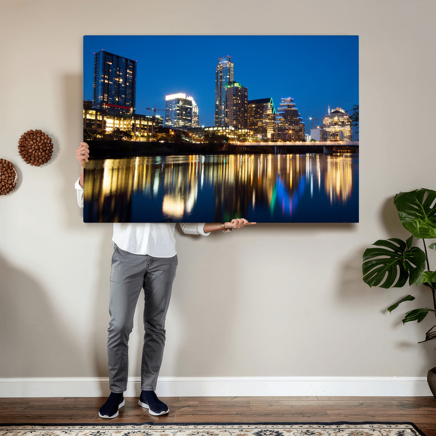 21916206-MGV-CV-36X24 - Austin Skyline Wall Art Canvas Print, Austin Downtown Night Cityscape Print for Modern Urban Wall Decor