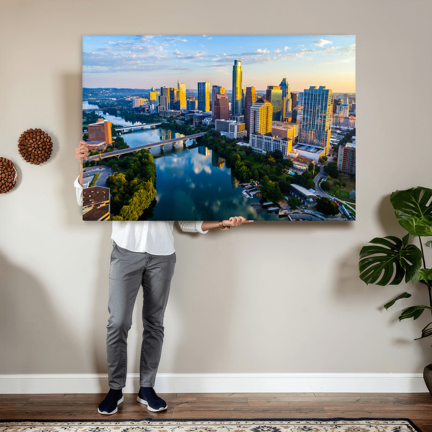 33675326-MGV-CV-36X24 - Austin Skyline Wall Art Canvas Print, Austin Downtown Night Cityscape Print for Modern Urban Wall Decor