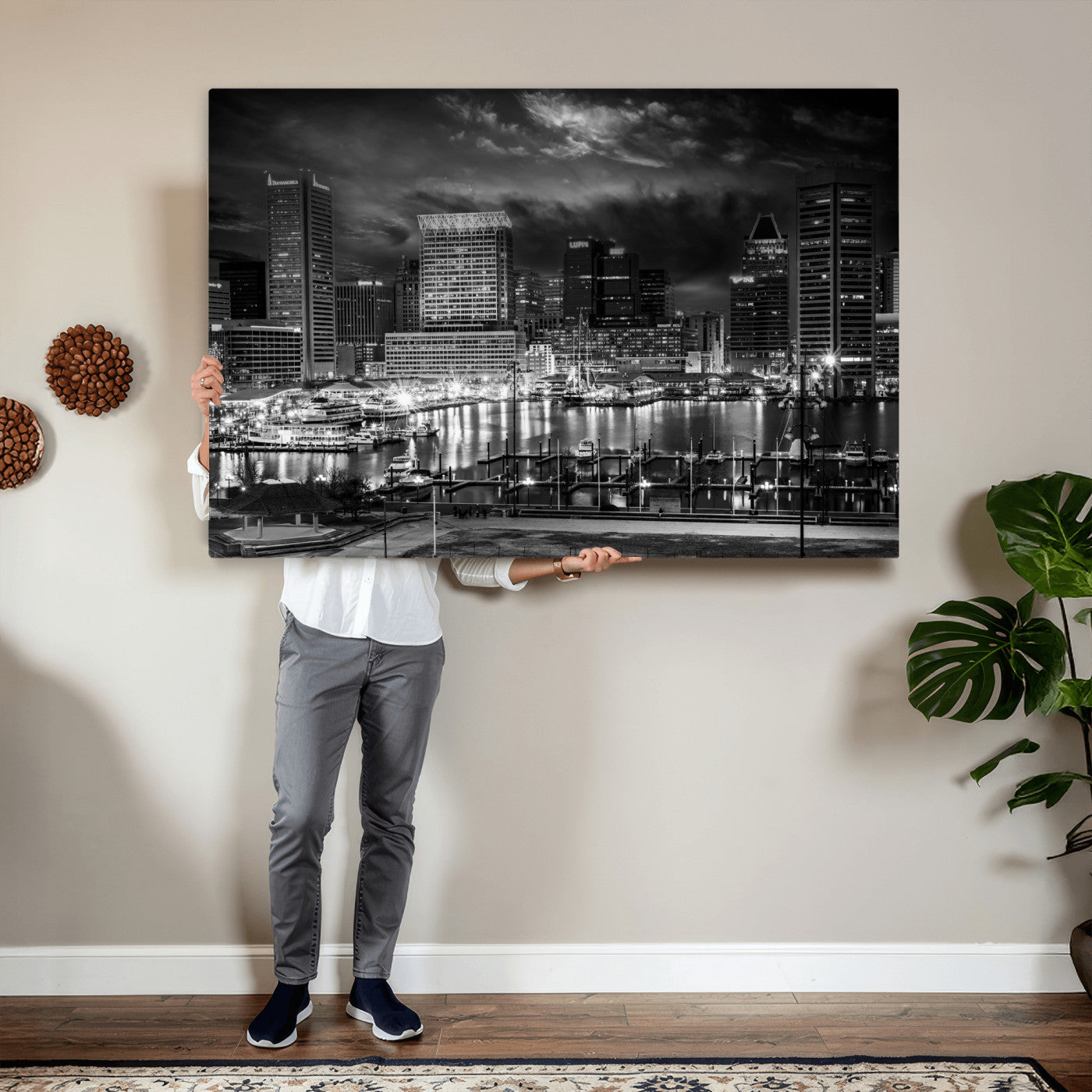 79755655-MGV-CV-36X24 - Baltimore Skyline Wall Art Canvas Print, Baltimore Downtown Night Cityscape Print for Modern Urban Wall Decor