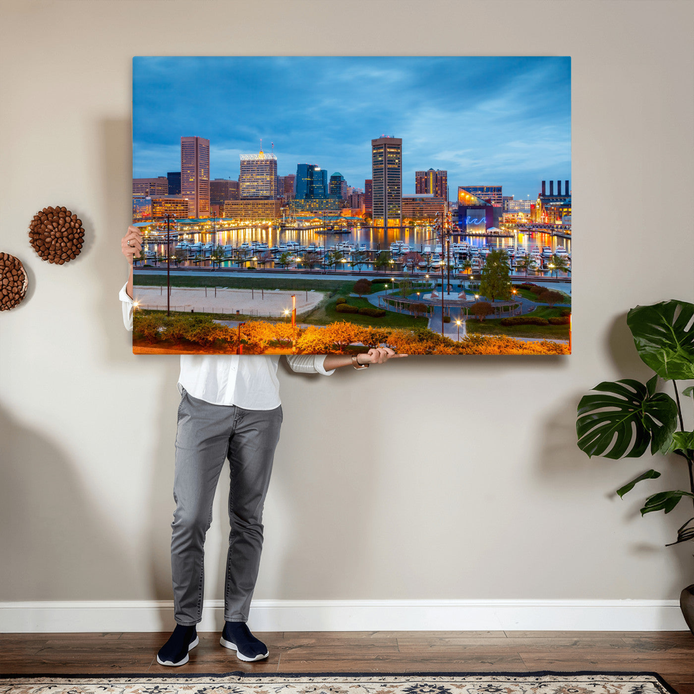 78635089-MGV-CV-36X24 - Baltimore Skyline Wall Art Canvas Print, Baltimore Downtown Night Cityscape Print for Modern Urban Wall Decor