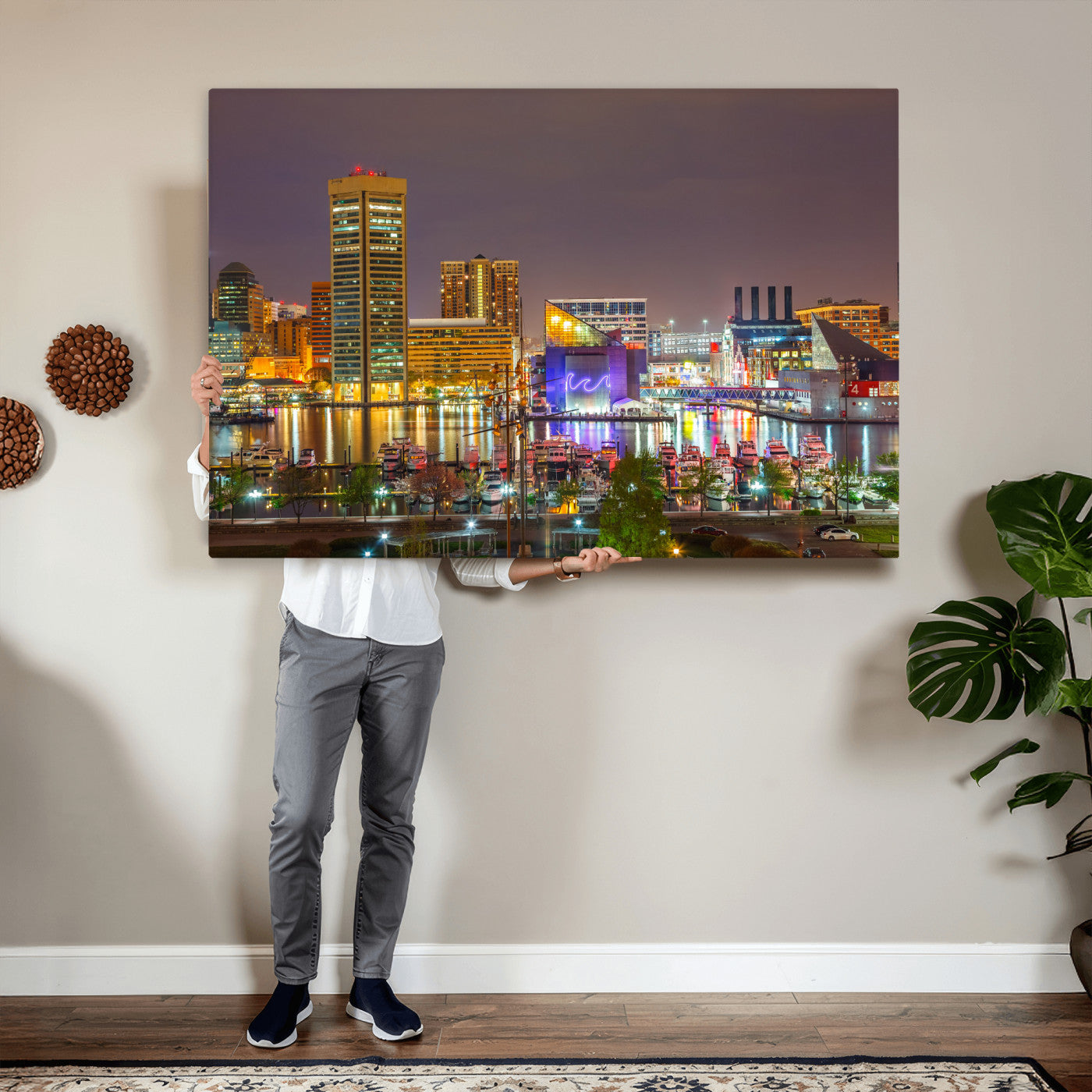 42654823-MGV-CV-36X24 - Baltimore Skyline Wall Art Canvas Print, Baltimore Downtown Night Cityscape Print for Modern Urban Wall Decor