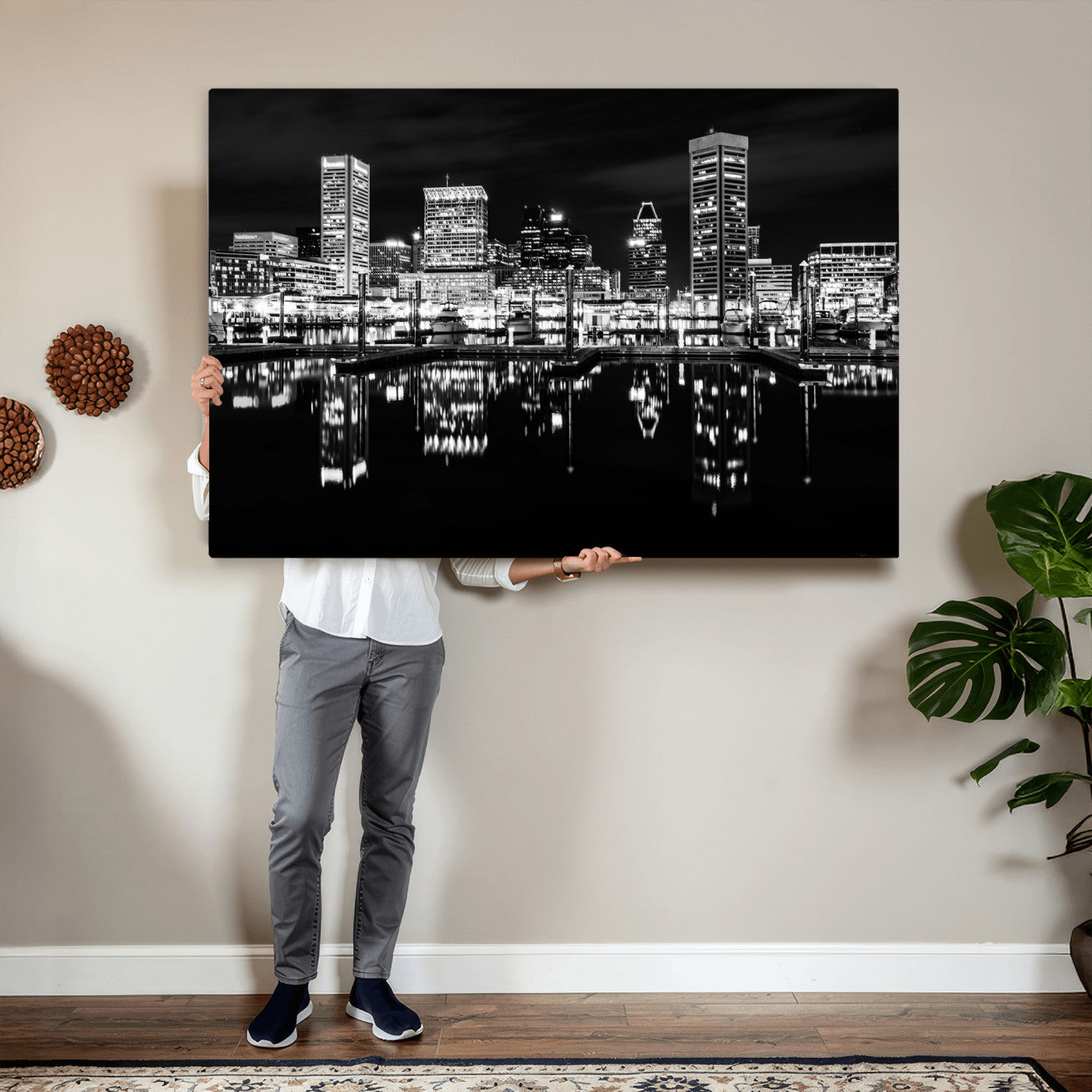 69187681-MGV-CV-36X24 - Baltimore Skyline Wall Art Canvas Print, Baltimore Downtown Night Cityscape Print for Modern Urban Wall Decor