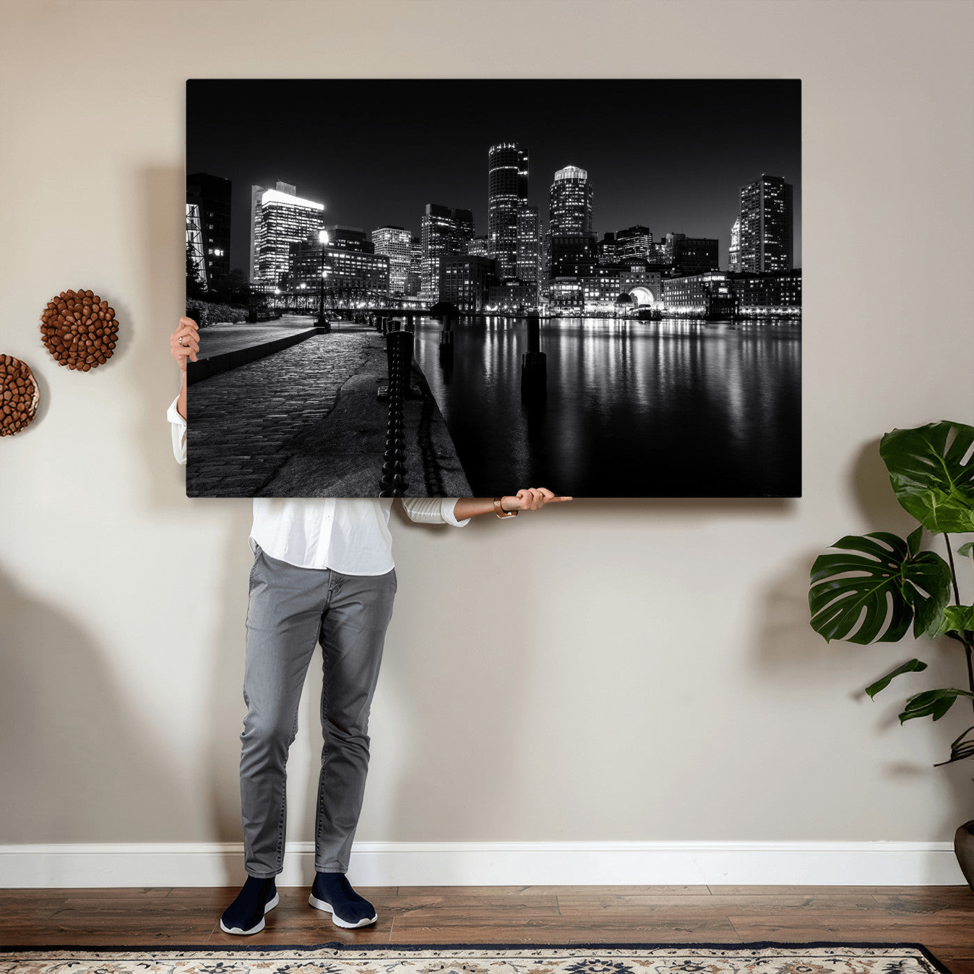 53082656-MGV-CV-36X24 - Boston Wall Art Canvas Print, Boston City Downtown Night Cityscape Print for Modern Urban Wall Decor