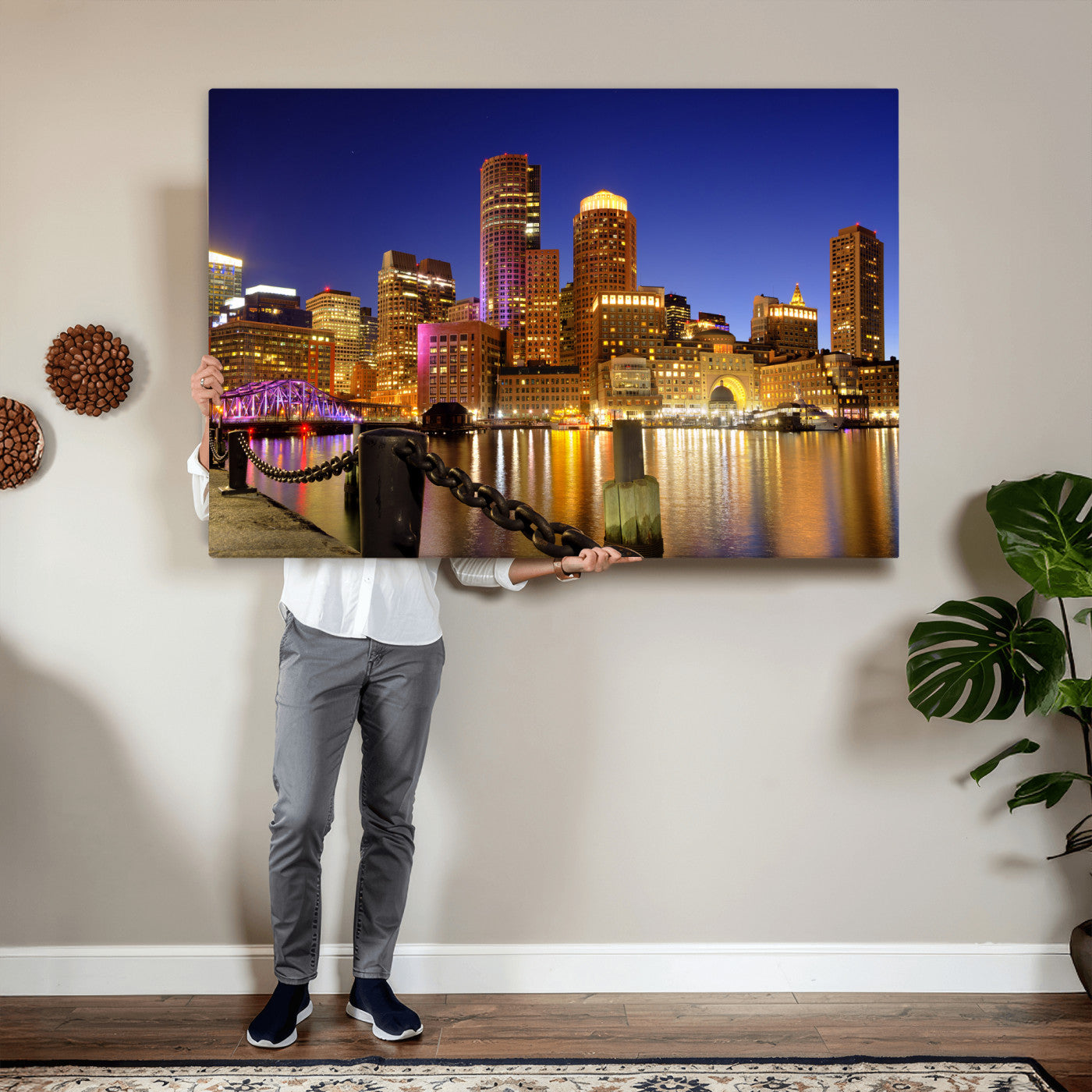 56611117-MGV-CV-36X24 - Boston Wall Art Canvas Print, Boston City Downtown Night Cityscape Print for Modern Urban Wall Decor