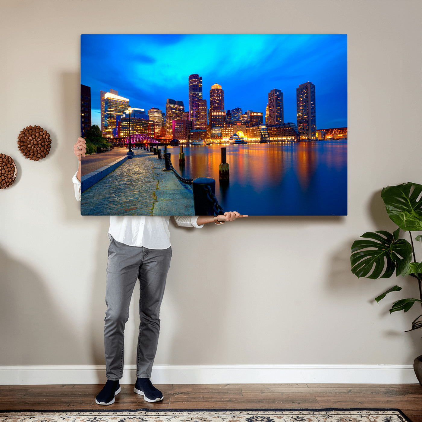 69619565-MGV-CV-36X24 - Boston Wall Art Canvas Print, Boston City Downtown Night Cityscape Print for Modern Urban Wall Decor