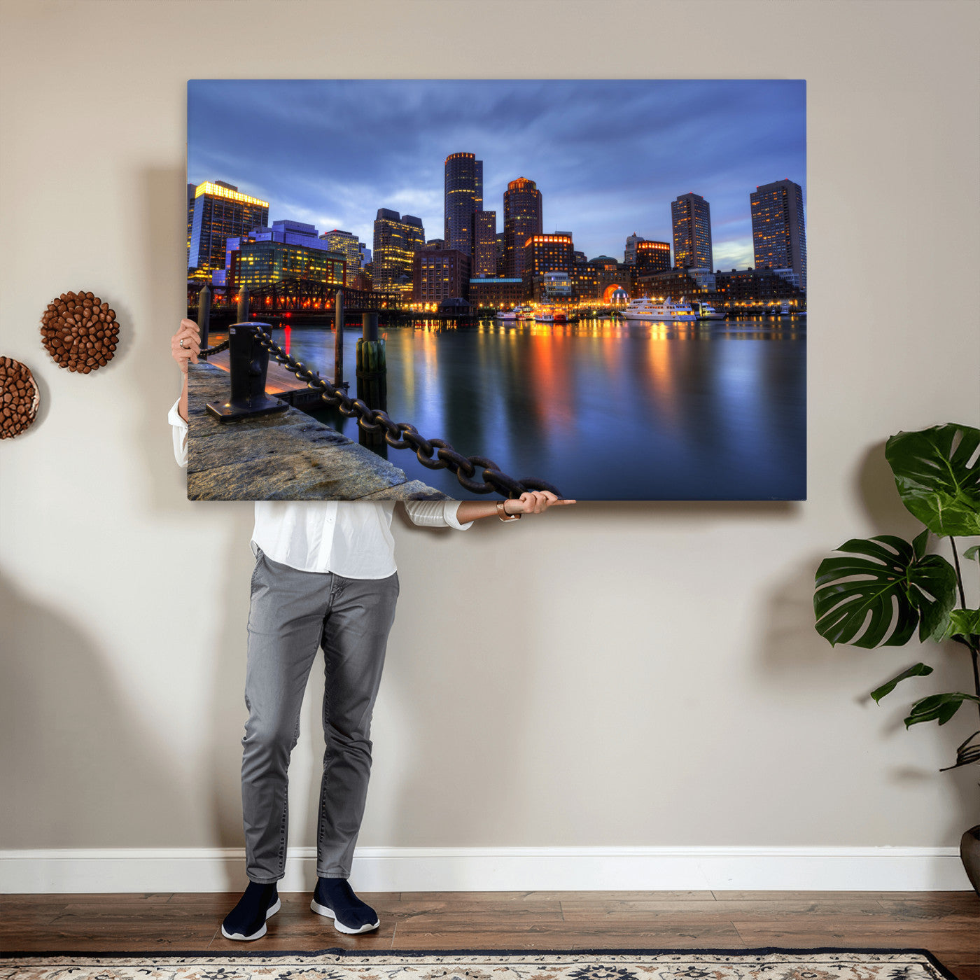 82439622-MGV-CV-36X24 - Boston Wall Art Canvas Print, Boston City Downtown Night Cityscape Print for Modern Urban Wall Decor