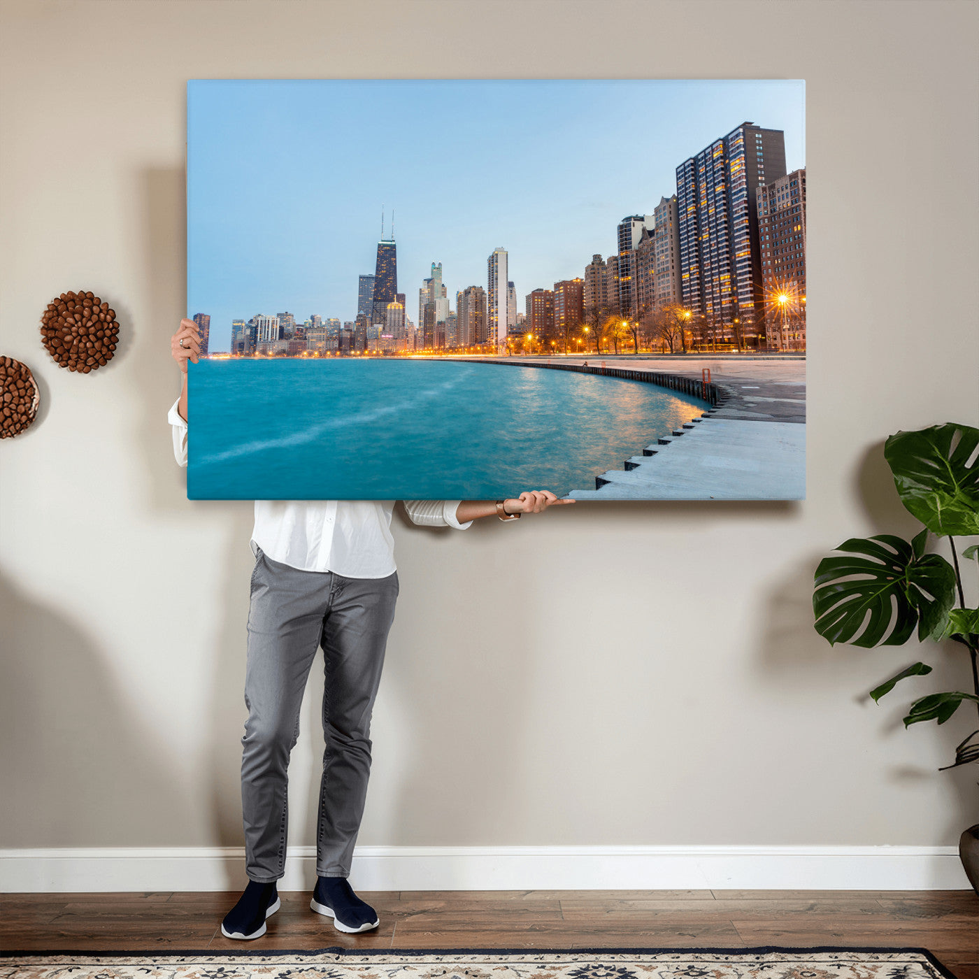 66780141-MGV-CV-36X24 - Chicago Wall Art Canvas Print, Chicago City Downtown Night Cityscape Print for Modern Urban Wall Decor
