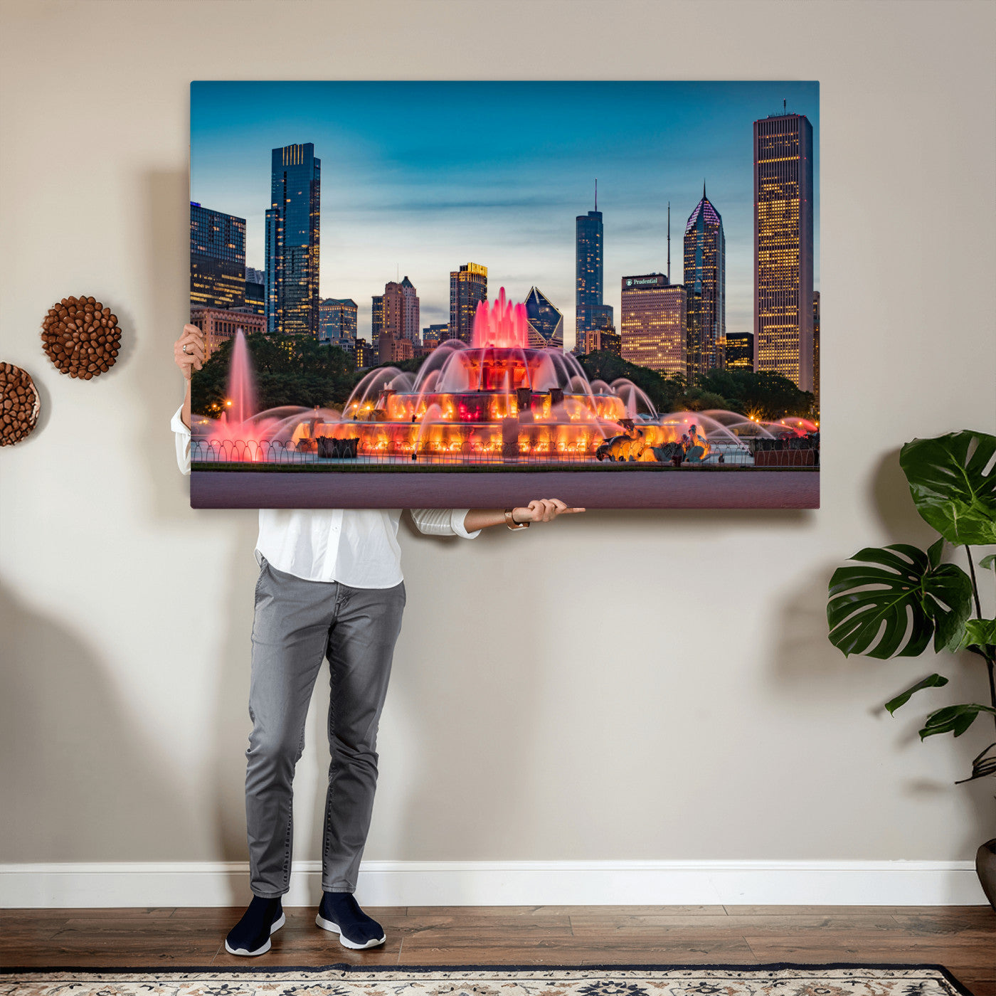 46805285-MGV-CV-36X24 - Chicago Wall Art Canvas Print, Chicago City Downtown Night Cityscape Print for Modern Urban Wall Decor