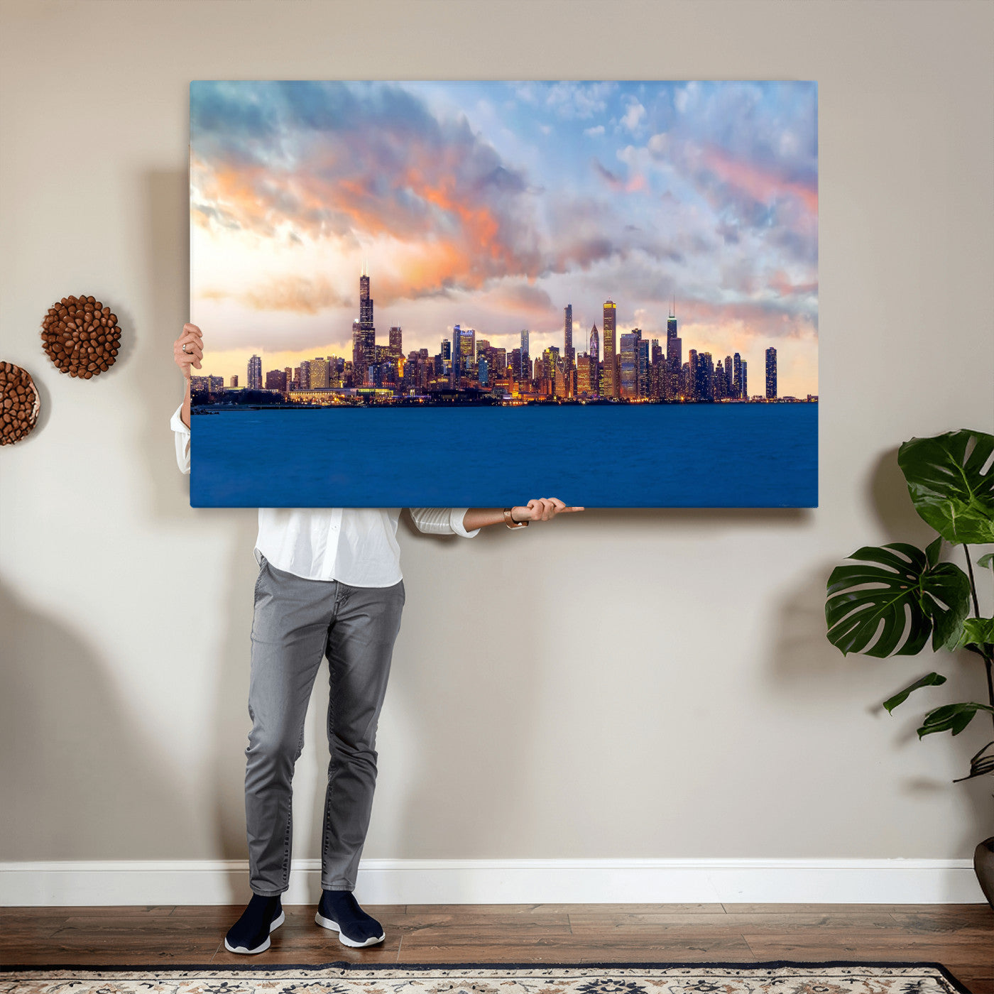34667960-MGV-CV-36X24 - Chicago Wall Art Canvas Print, Chicago City Downtown Night Cityscape Print for Modern Urban Wall Decor