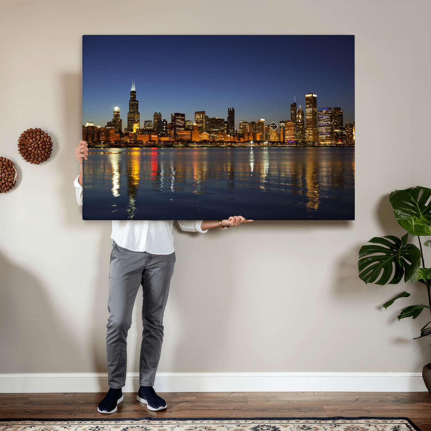 67308035-MGV-CV-36X24 - Chicago Wall Art Canvas Print, Chicago City Downtown Night Cityscape Print for Modern Urban Wall Decor