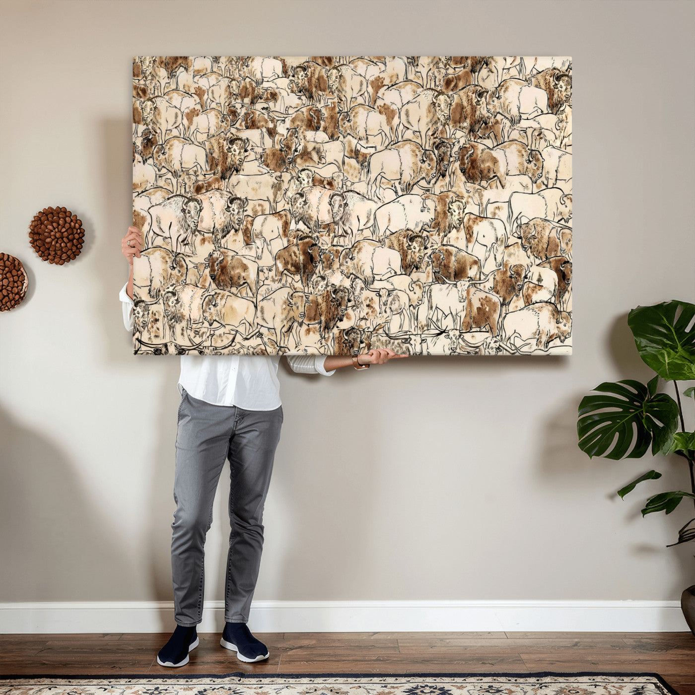 50142019-MGV-CV-36X24 - Farmhouse Animals Wall Art Canvas Print - Abstract Farm Animal Drawing Mid-Century Wall Art for Cabin Decor