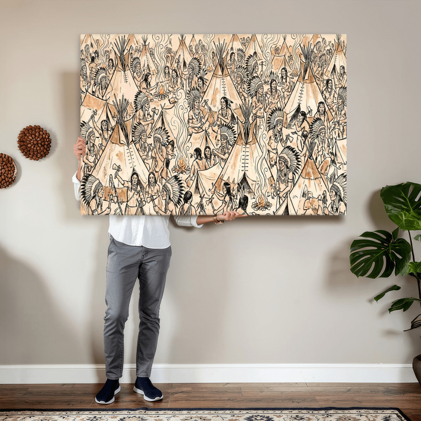 72739176-MGV-CV-36X24 - Farmhouse Animals Wall Art Canvas Print - Abstract Farm Animal Drawing Mid-Century Wall Art for Cabin Decor