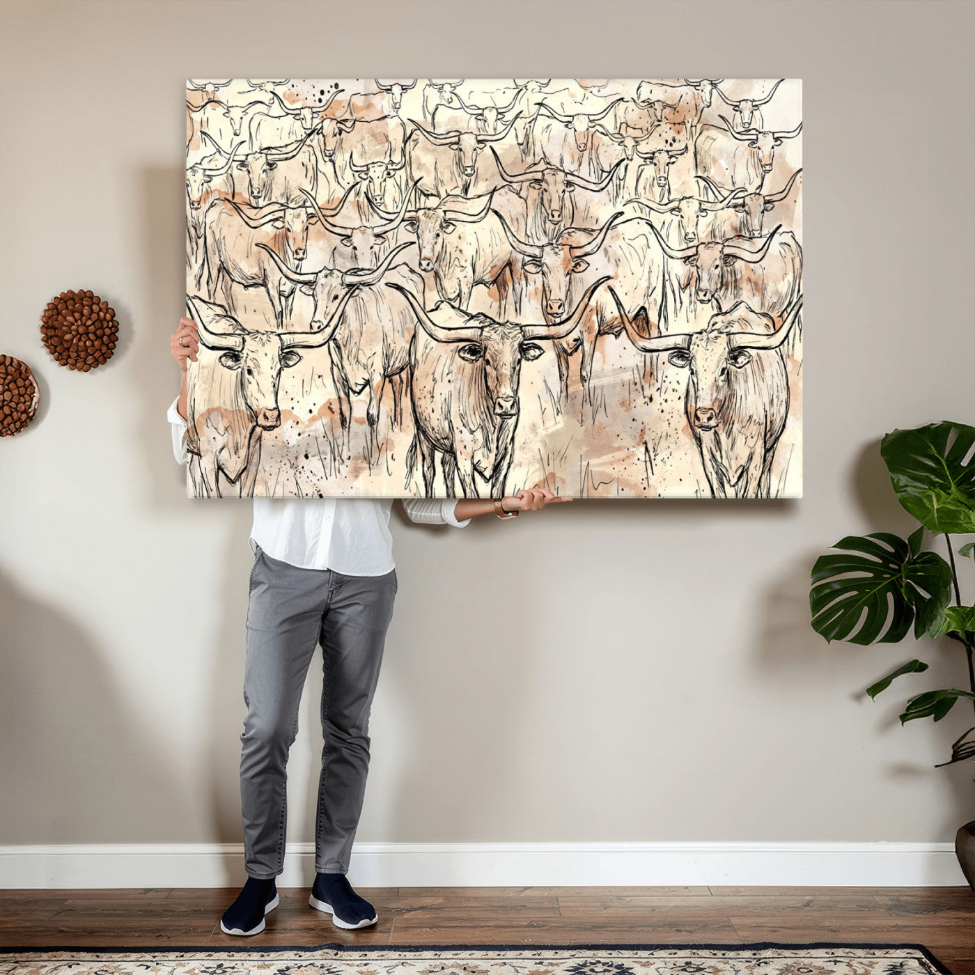 94055403-MGV-CV-36X24 - Farmhouse Animals Wall Art Canvas Print - Abstract Farm Animal Drawing Mid-Century Wall Art for Cabin Decor