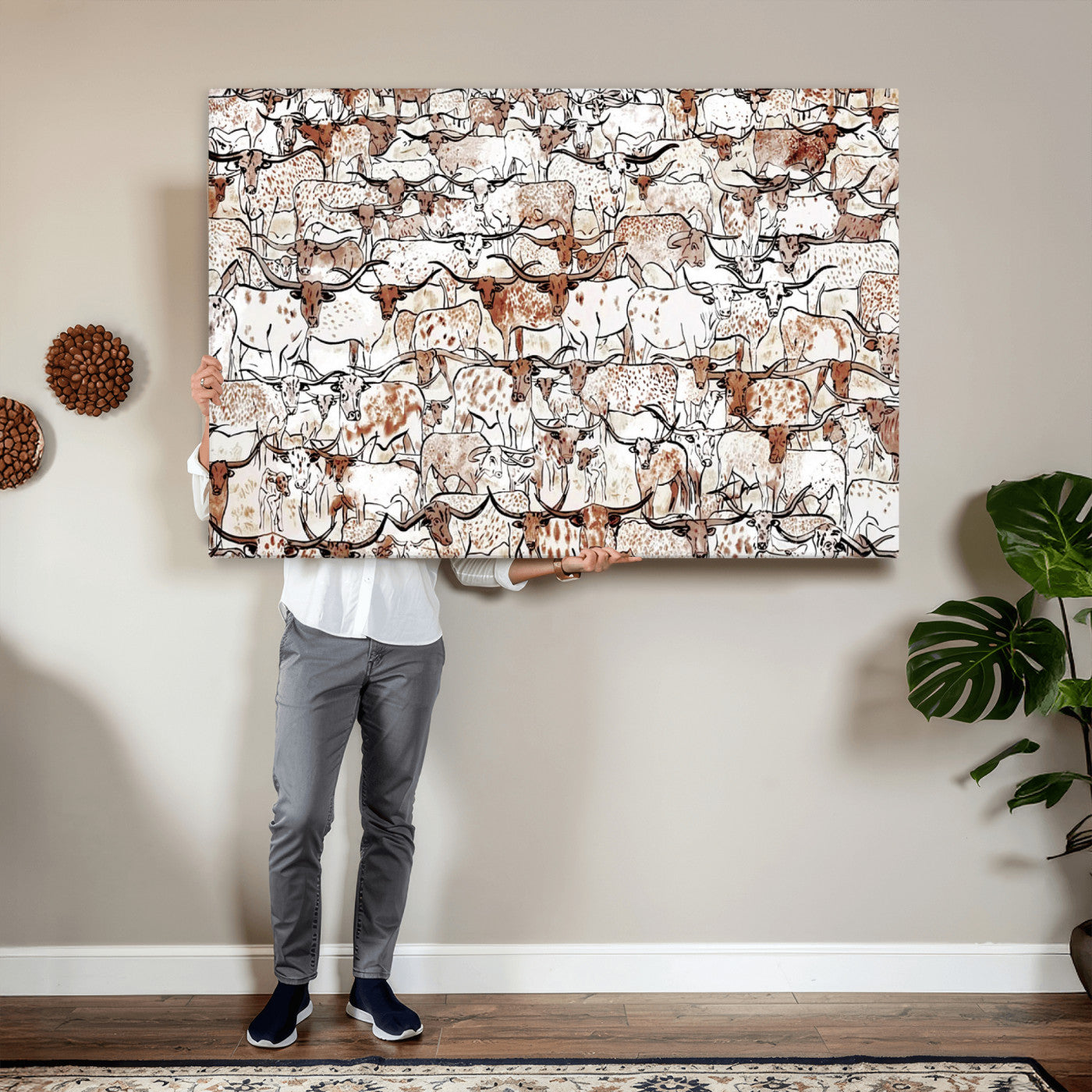 71869761-MGV-CV-36X24 - Farmhouse Animals Wall Art Canvas Print - Abstract Farm Animal Drawing Mid-Century Wall Art for Cabin Decor