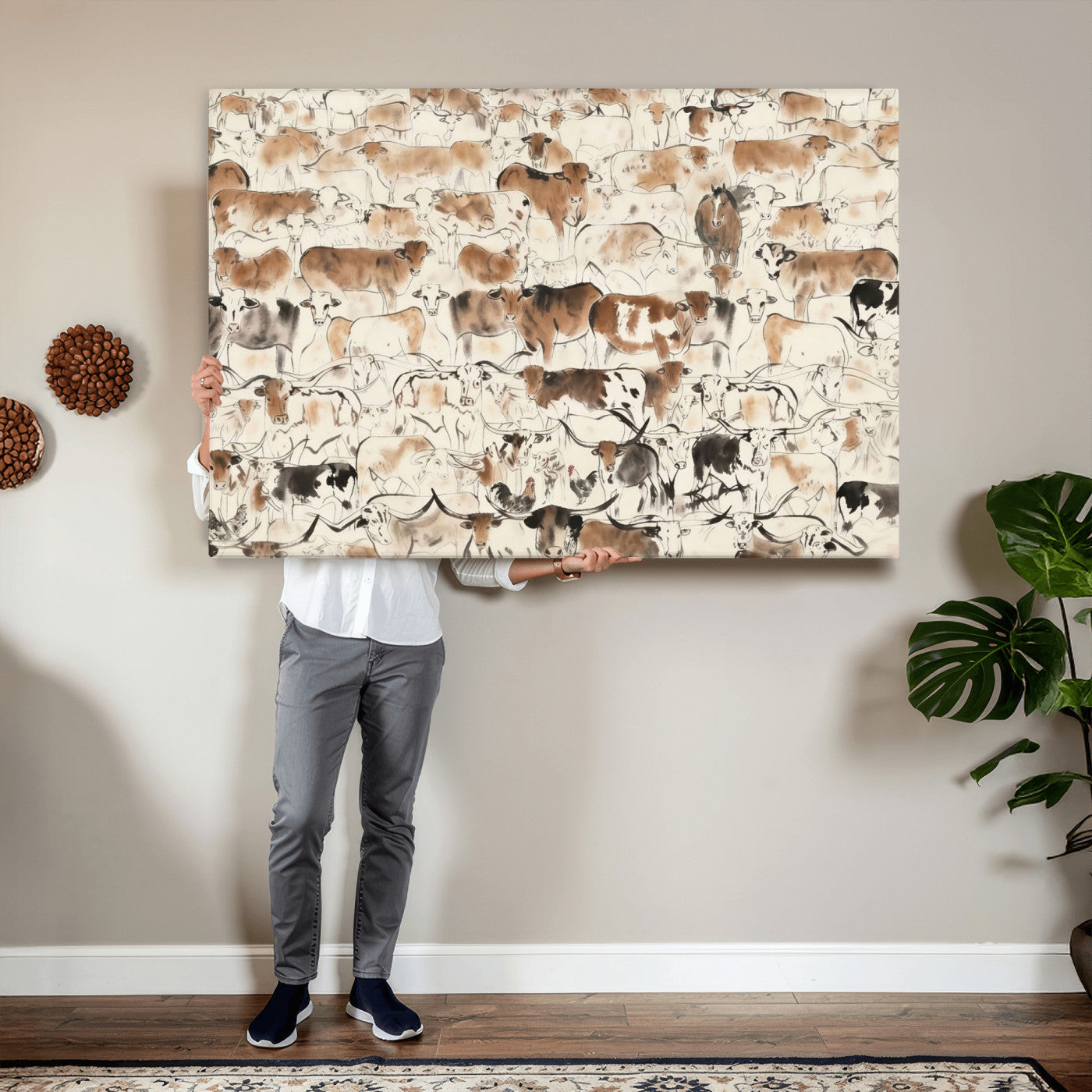69961368-MGV-CV-36X24 - Farmhouse Animals Wall Art Canvas Print - Abstract Farm Animal Drawing Mid-Century Wall Art for Cabin Decor