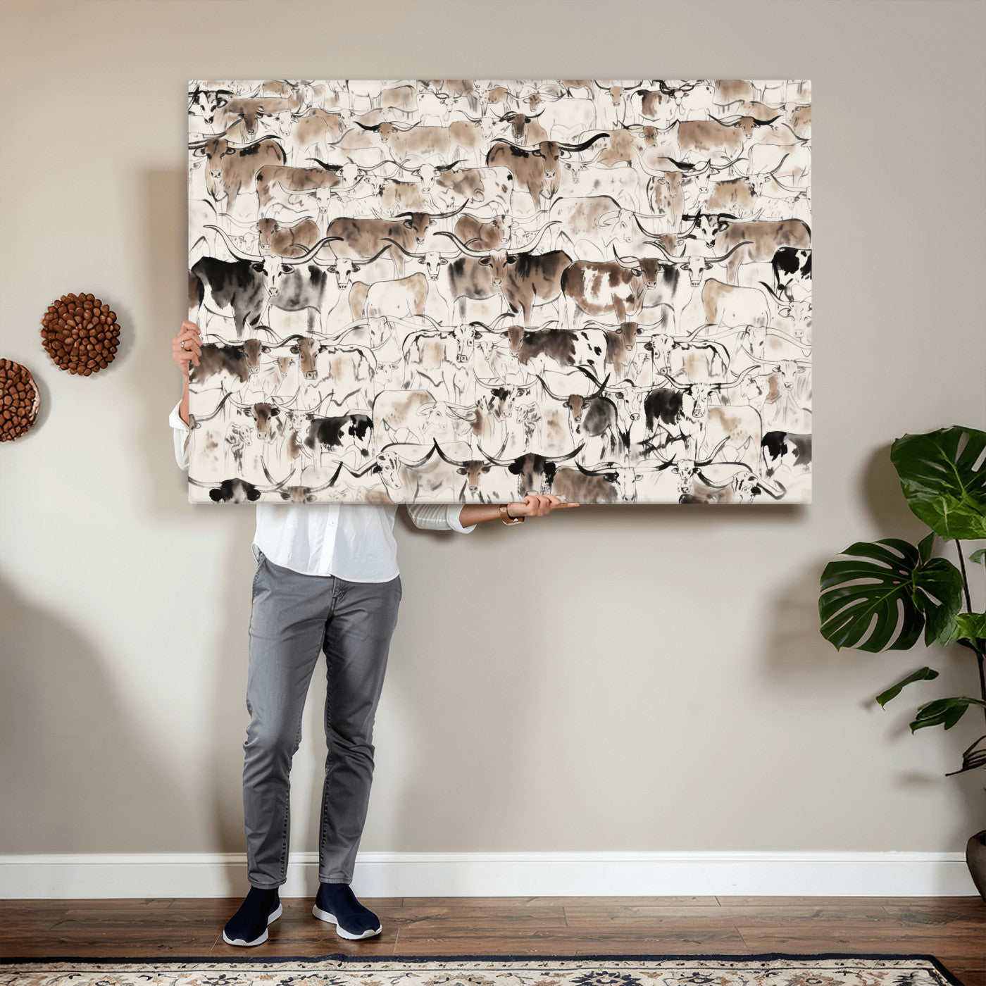 66685375-MGV-CV-36X24 - Farmhouse Animals Wall Art Canvas Print - Abstract Farm Animal Drawing Mid-Century Wall Art for Cabin Decor