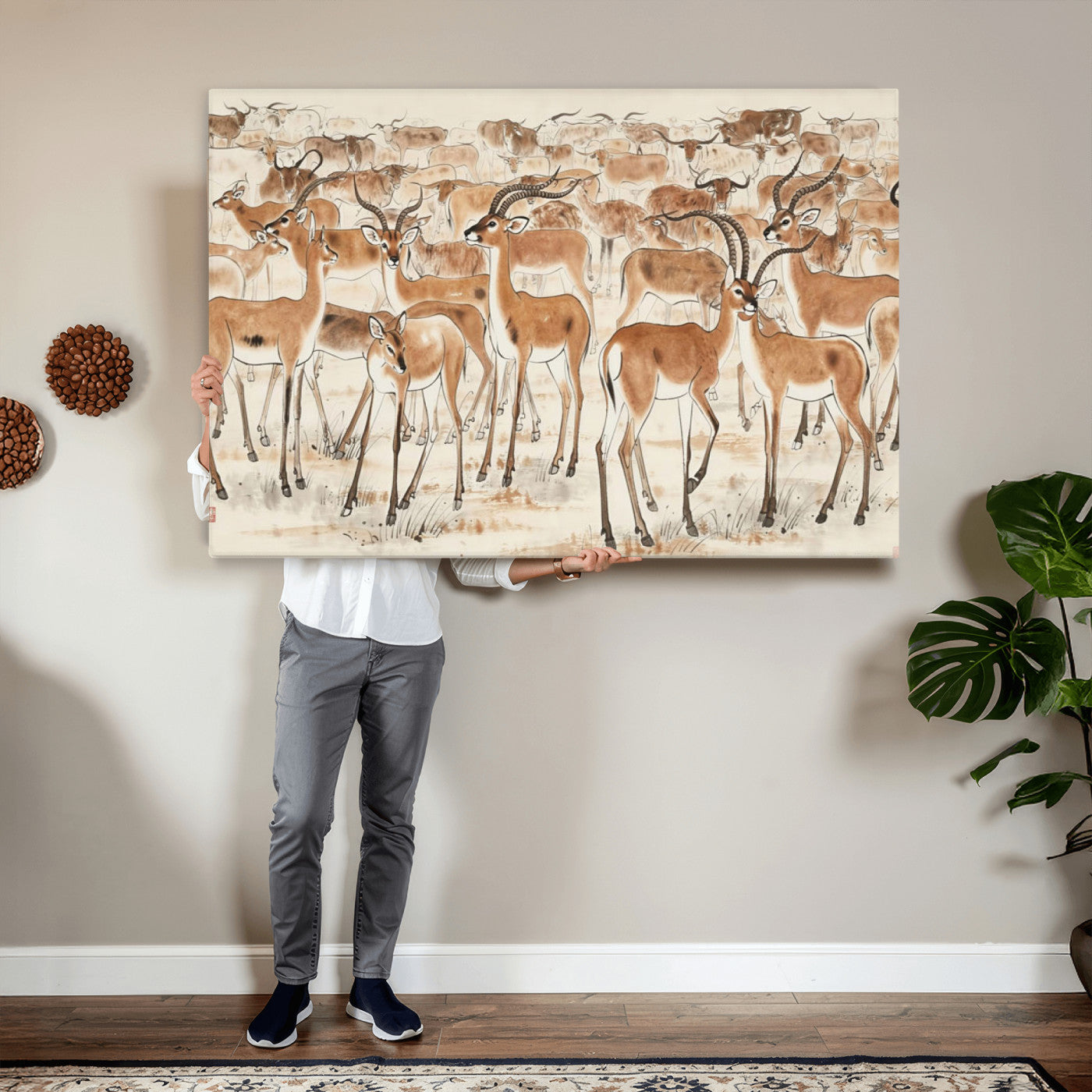 67375088-MGV-CV-36X24 - Farmhouse Animals Wall Art Canvas Print - Abstract Farm Animal Drawing Mid-Century Wall Art for Cabin Decor