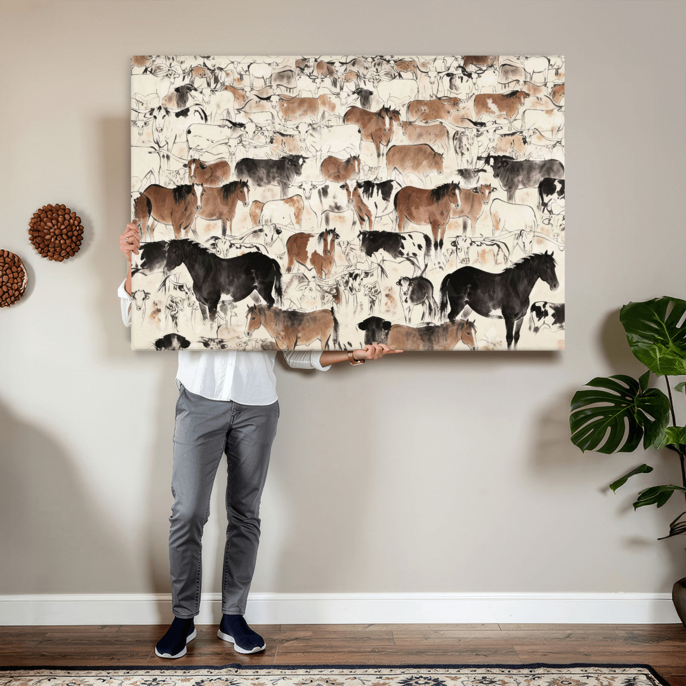 74171578-MGV-CV-36X24 - Farmhouse Animals Wall Art Canvas Print - Abstract Farm Animal Drawing Mid-Century Wall Art for Cabin Decor