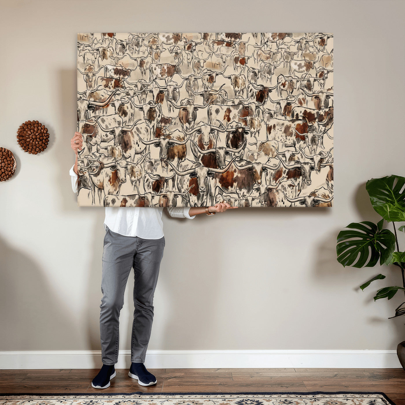 94808502-MGV-CV-36X24 - Farmhouse Animals Wall Art Canvas Print - Abstract Farm Animal Drawing Mid-Century Wall Art for Cabin Decor