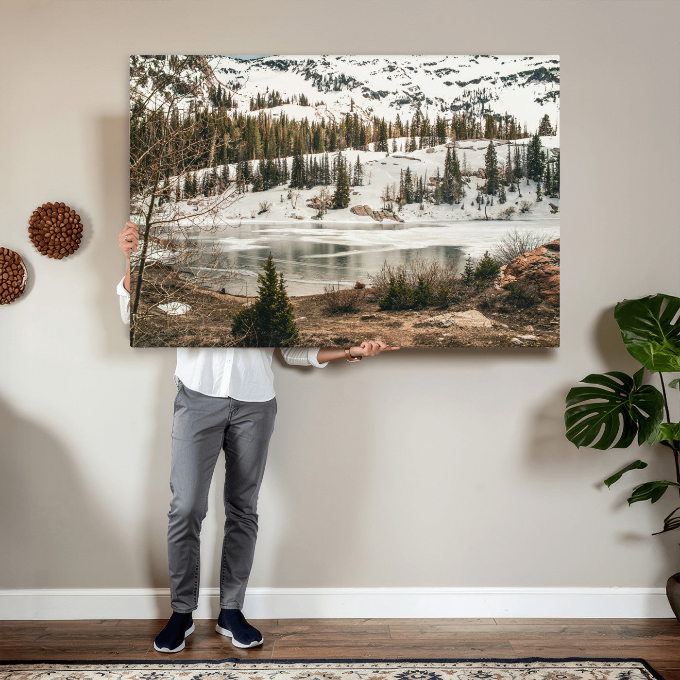10336249-MGV-CV-36X24 - Snowy Mountain Landscape Wall Art Canvas Print, Alpine Pine Forest Winter Nature Wall Decor for Living Room and Office