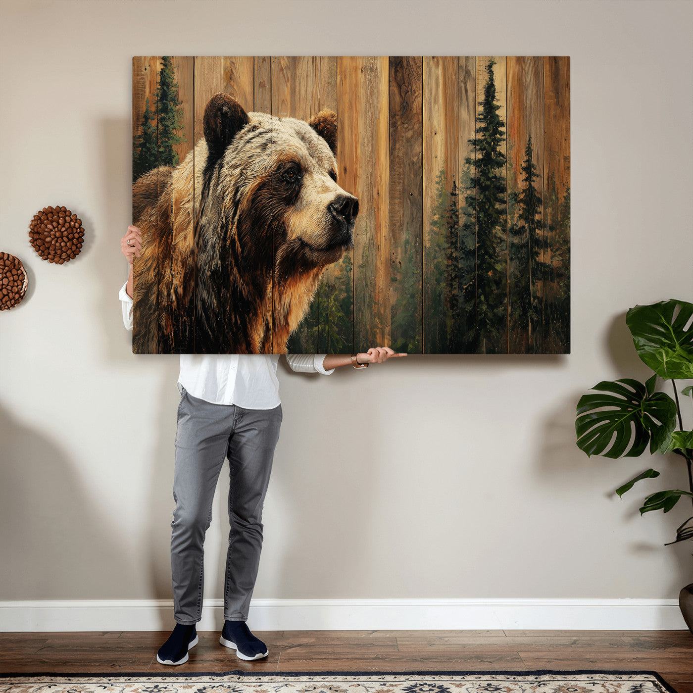 75645180-MGV-CV-36X24 - Grizzly Bear Wall Art Canvas Print, Rustic Wildlife Bear Artwork, Forest Animal Painting, Cabin Lodge Nature Wall Decor