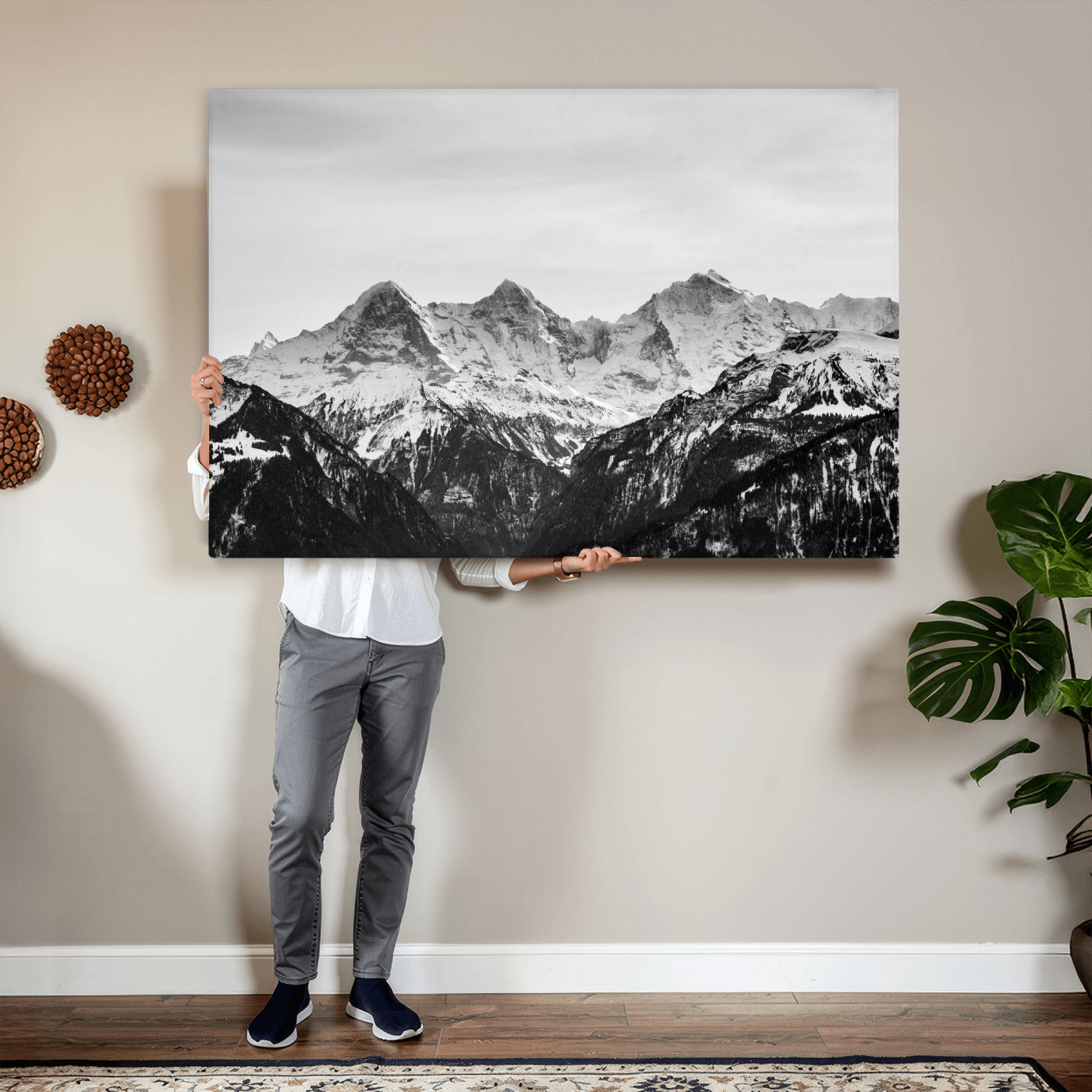85684934-MGV-CV-36X24 - Black and White Mountain Wall Art Canvas Print, Snowy Alpine Peaks Landscape Photography, Minimal Monochrome Mountain Art, Scenic Nature Wall Decor