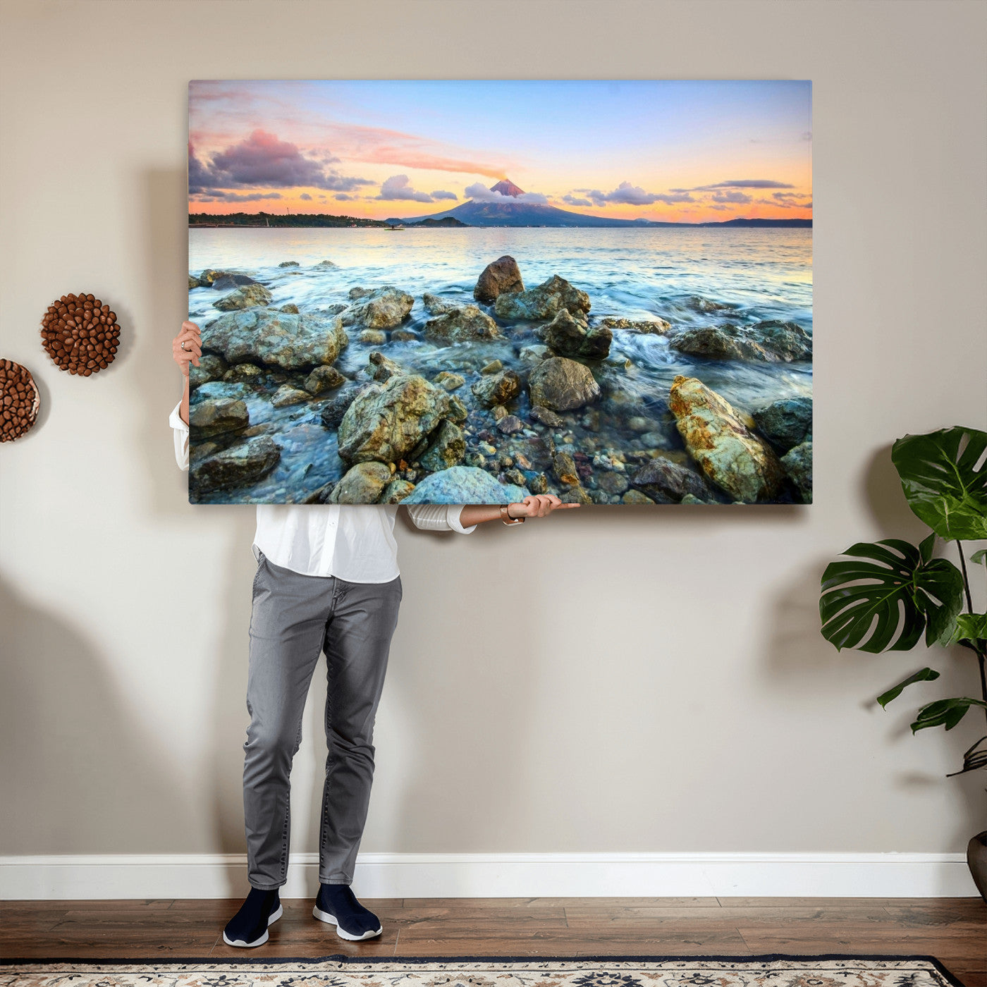46869511-MGV-CV-36X24 - Mayon Volcano Seascape Landscape Wall Art Canvas Print, Tropical Ocean Shore Mountain Canvas Print, Philippines Coastal Scenic Art Printing