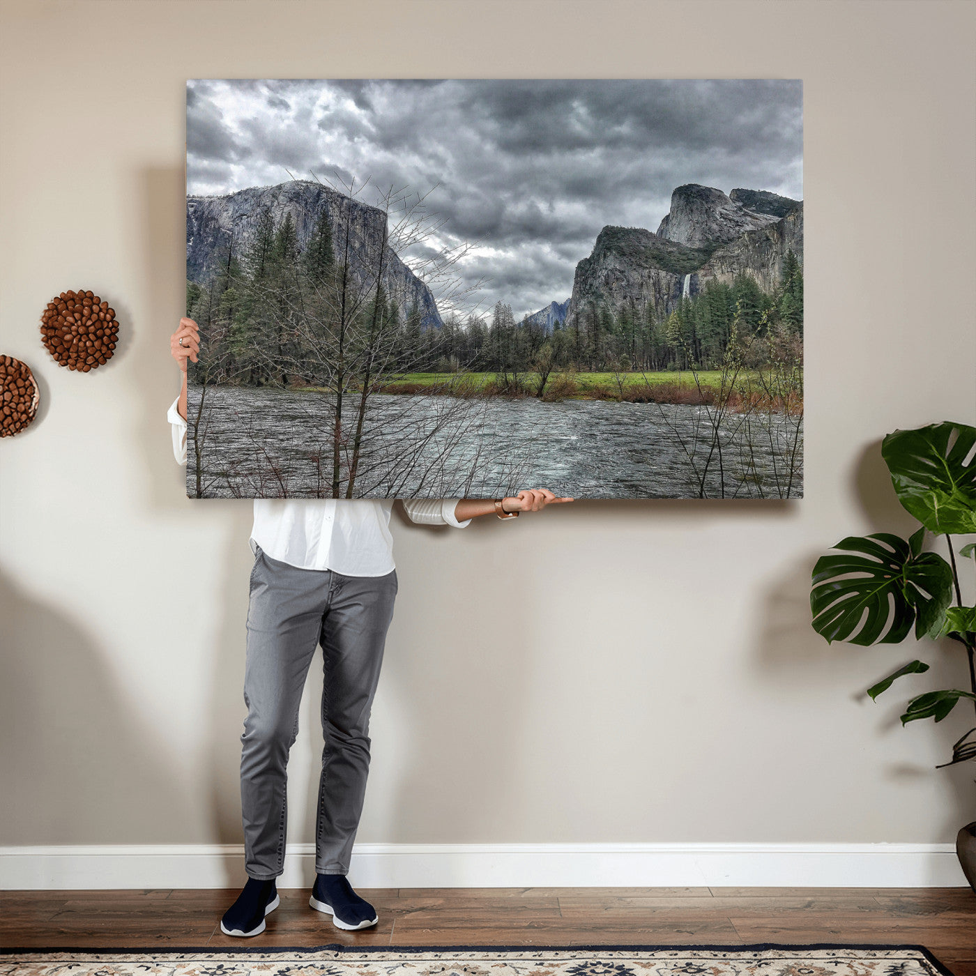 75582552-MGV-CV-36X24 - Yosemite Valley River Landscape Wall Art Canvas Print, Granite Cliffs Forest River Canvas Print, California National Park Moody Scenic Art Printi