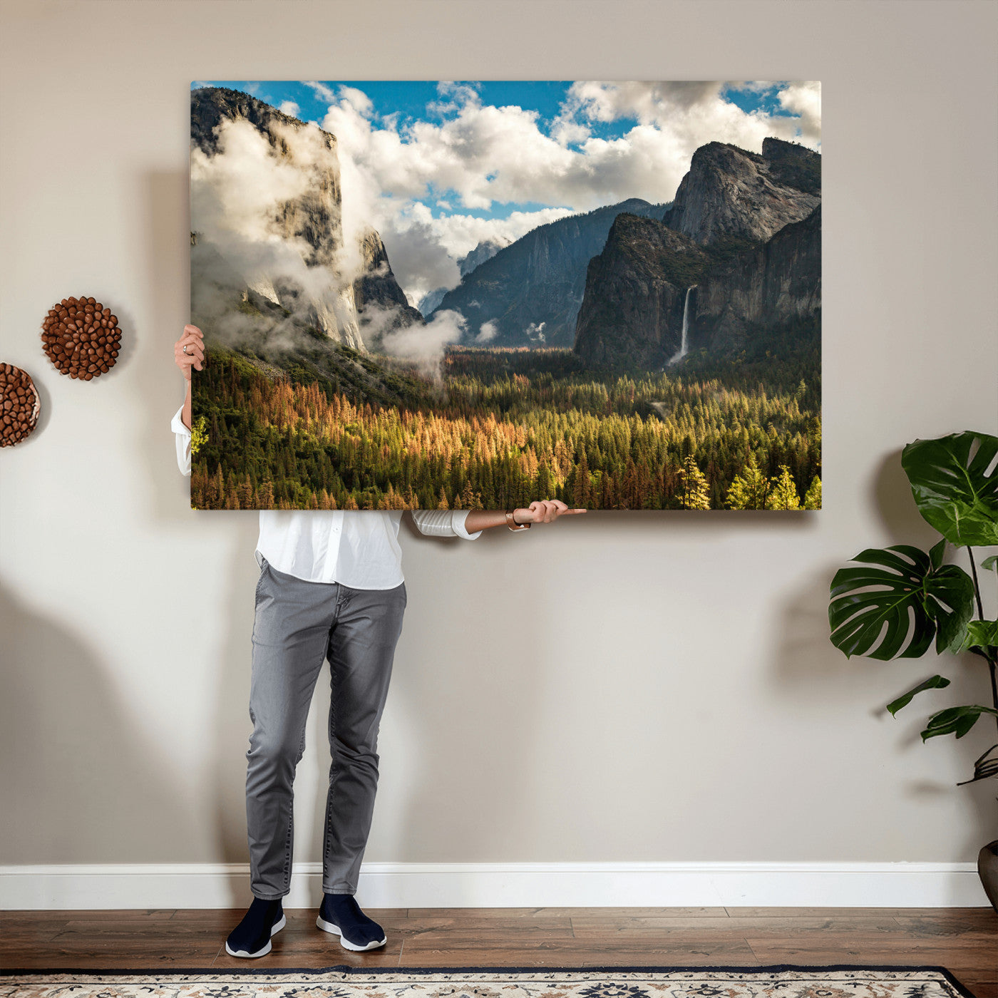18271001-MGV-CV-36X24 - Yosemite Valley River Landscape Wall Art Canvas Print, Granite Cliffs Forest River Canvas Print, California National Park Moody Scenic Art Printi