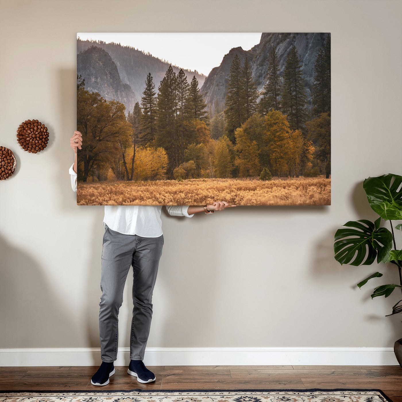 61682763-MGV-CV-36X24 - Yosemite Valley Autumn Forest Landscape Wall Art Canvas Print, Granite Mountain Pine Trees Canvas Print, California National Park Fall Scenic Art Printing