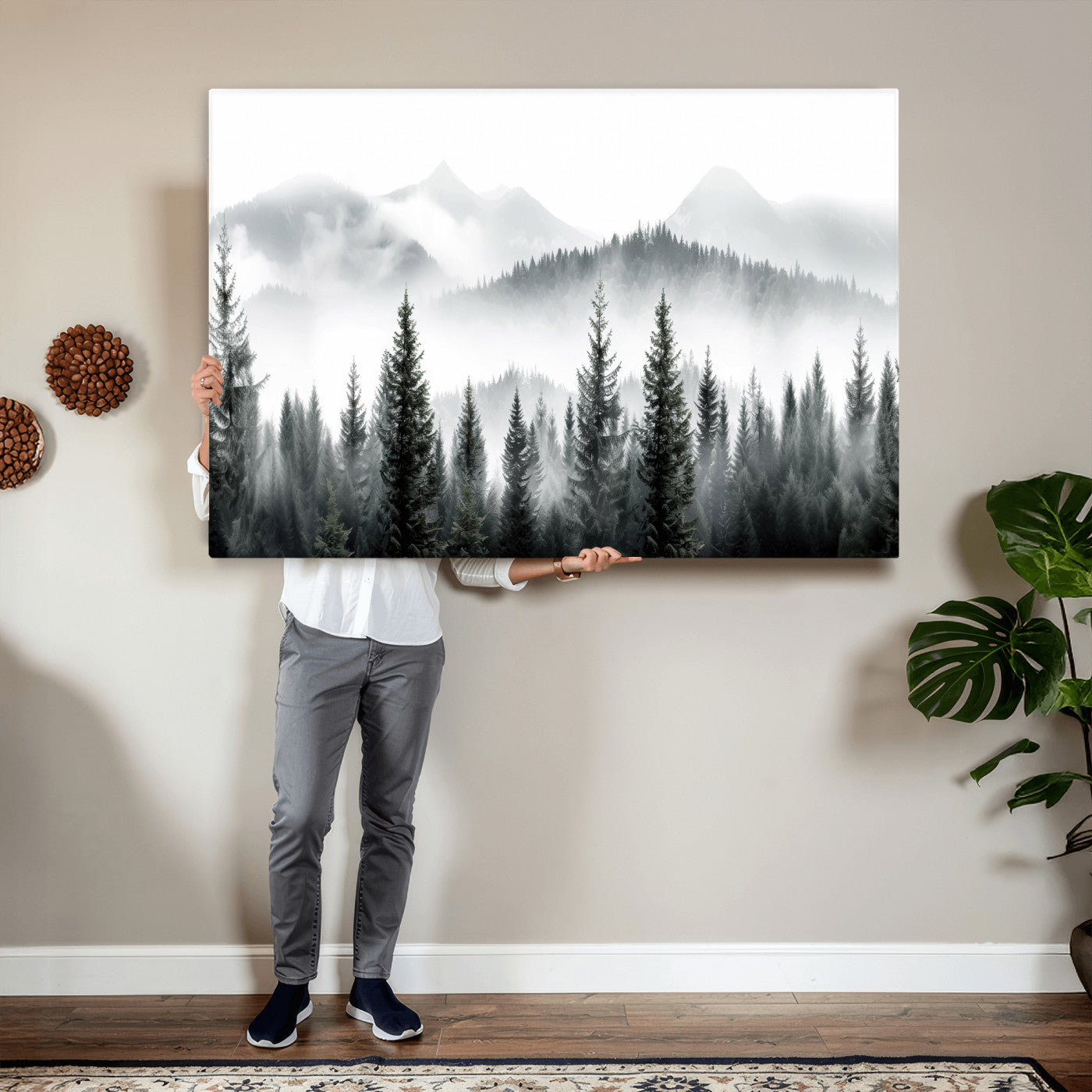 38819032-MGV-CV-36X24 - Misty Pine Forest Mountain Landscape Wall Art Canvas Print, Foggy Evergreen Trees Minimal Nature Canvas Print, Monochrome Wilderness Scenic Art Printing