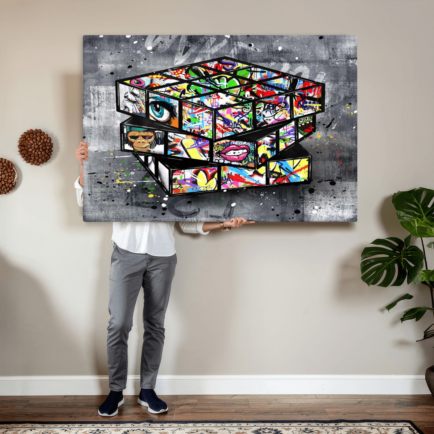 46789556-MGV-CV-36X24 - Graffiti Cube Abstract Street Art Wall Art Canvas Print, Colorful Urban Pop Art Geometric Canvas Print, Modern Street Art Contemporary Art Printing