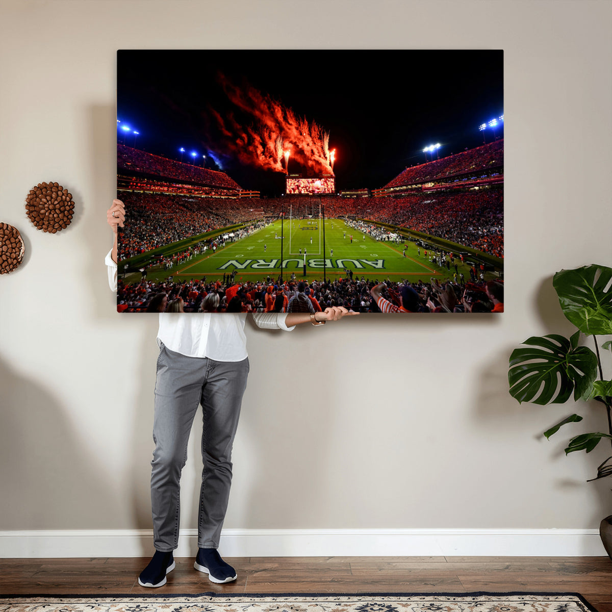 81918884-MGV-CV-36X24 - Auburn Stadium Wall Art Canvas Print, College Football Night Game Crowd, Jordan Hare Stadium Artwork