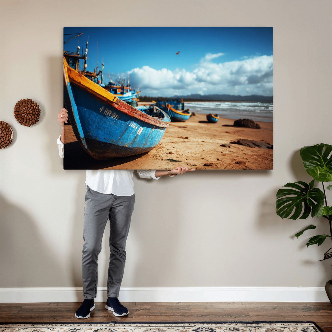 70925201-MGV-CV-36X24 - Fishing Boats Wall Art Canvas Print, Coastal Boat Beach Scene, Nautical Seaside Artwork, Ocean Shore Decor, Coastal Home Wall Art