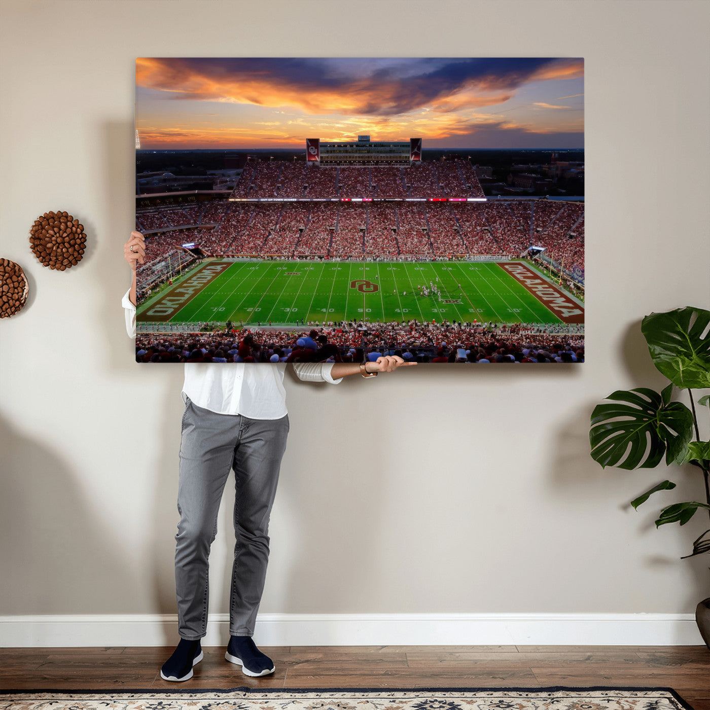 51457497-MGV-CV-36X24 - Oklahoma Sooners Stadium Wall Art Canvas Print, College Football Sunset Game Scene, OU Football Field Panorama Wall Decor