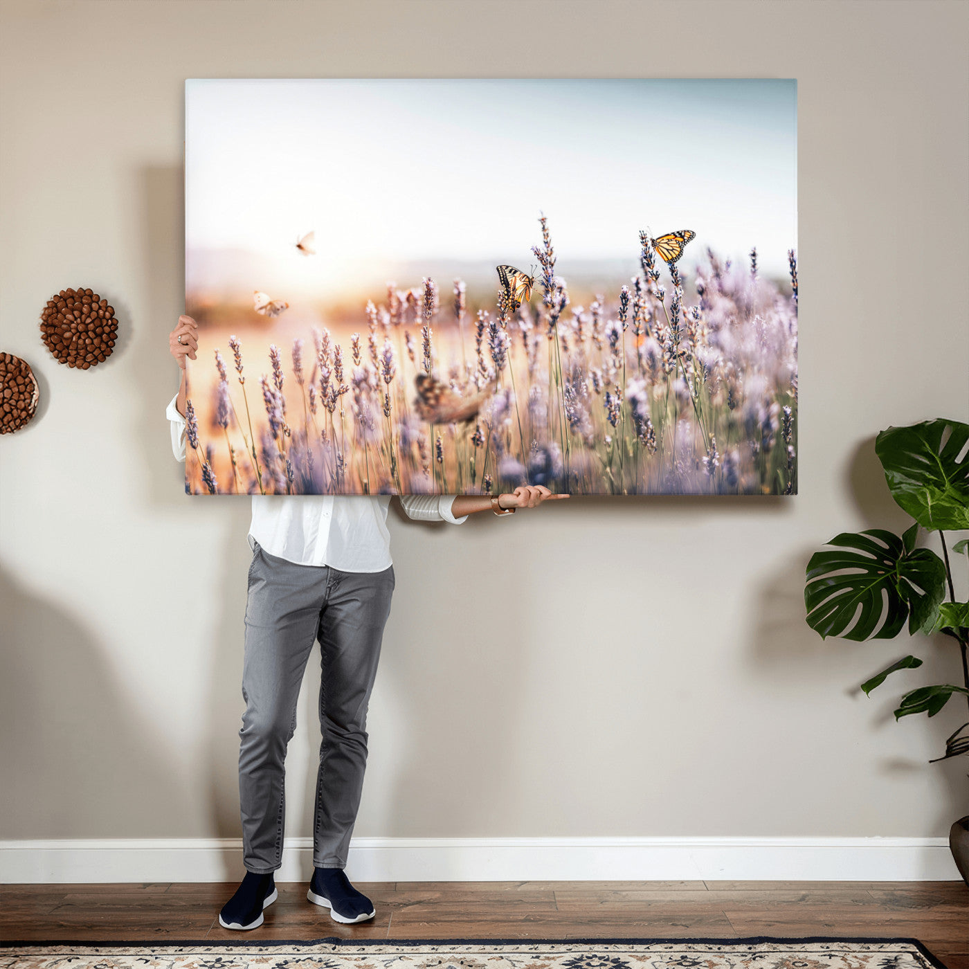 46417478-MGV-CV-36X24 - Lavender Field Wall Art Canvas Print, Butterfly Floral Landscape Art, Soft Nature Wall Decor for Bedroom