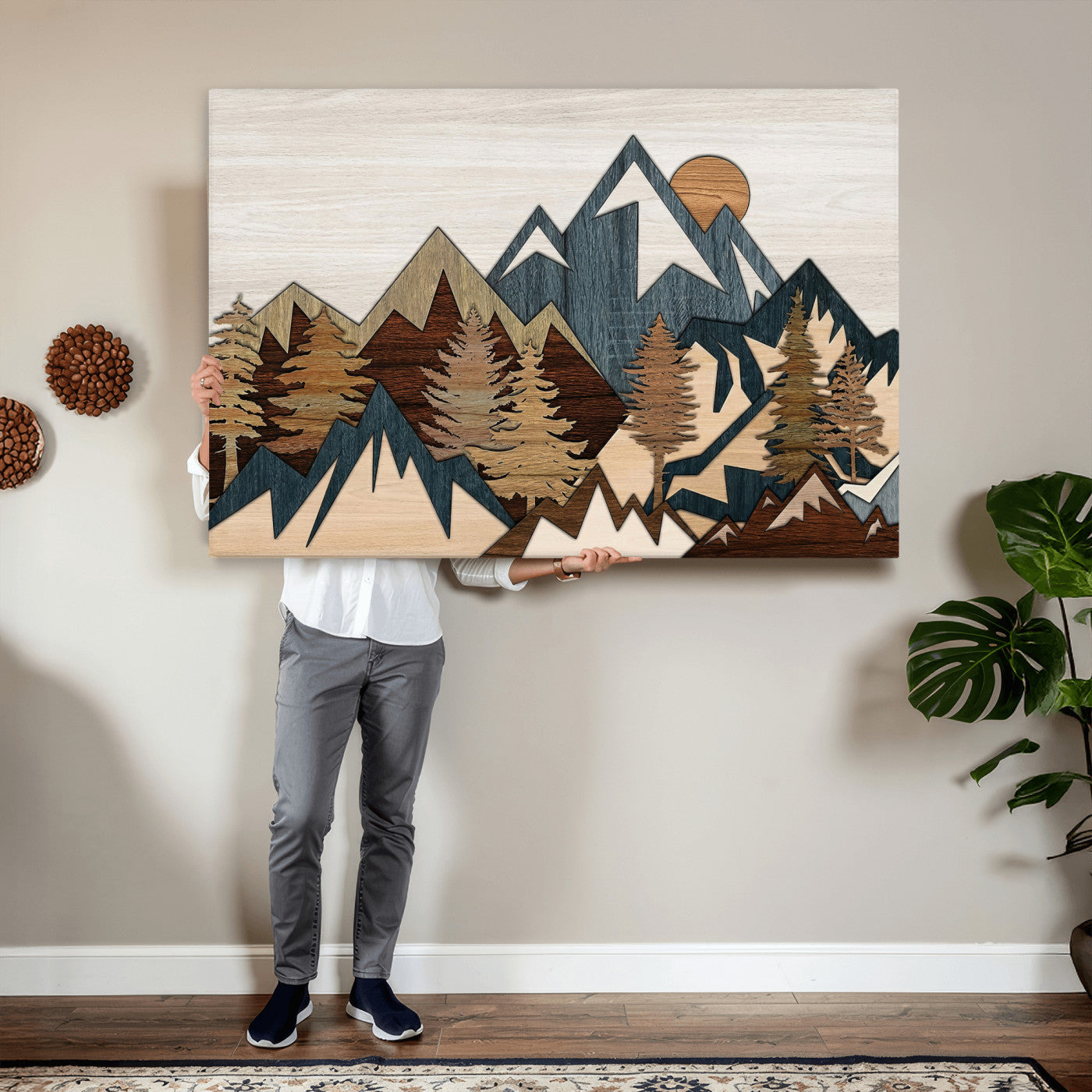 61833055-MGV-CV-36X24 - Mountain Forest Wall Art Canvas Print, Layered Wood Landscape Artwork, Rustic Nature Wall Decor for Living Room