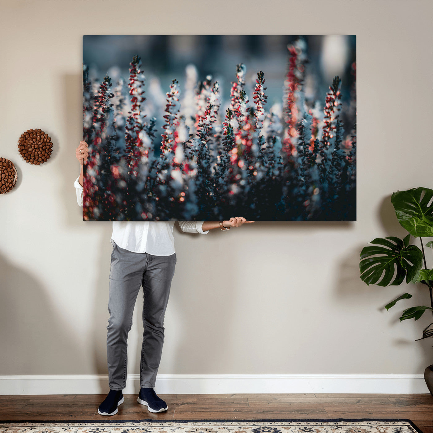 82063935-MGV-CV-36X24 - Winter Heather Wall Art Canvas Print, Frosted Floral Nature Art, Moody Botanical Wall Decor